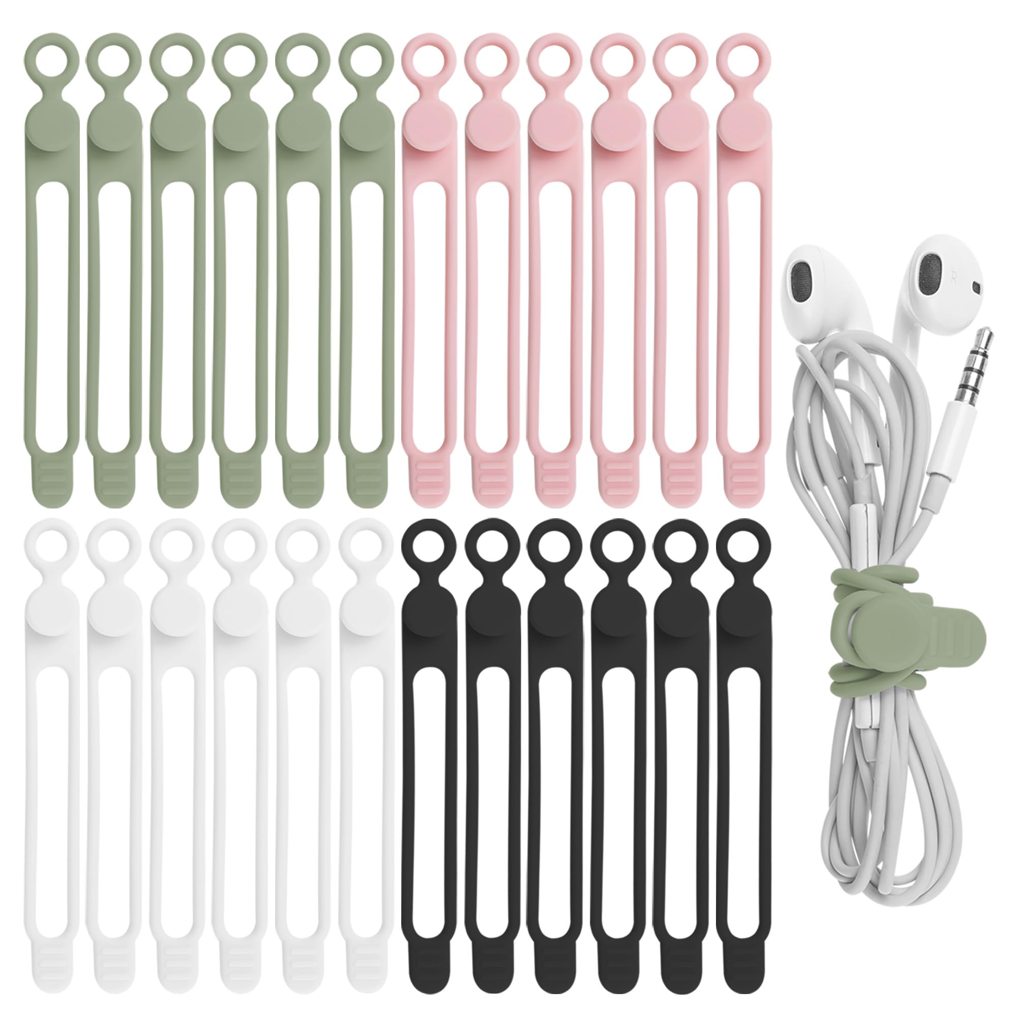 Nearockle Reusable Silicone Cable Ties – Adjustable Cord Organizer Straps for Home, Office & Travel (24-Pack, Multicolor)