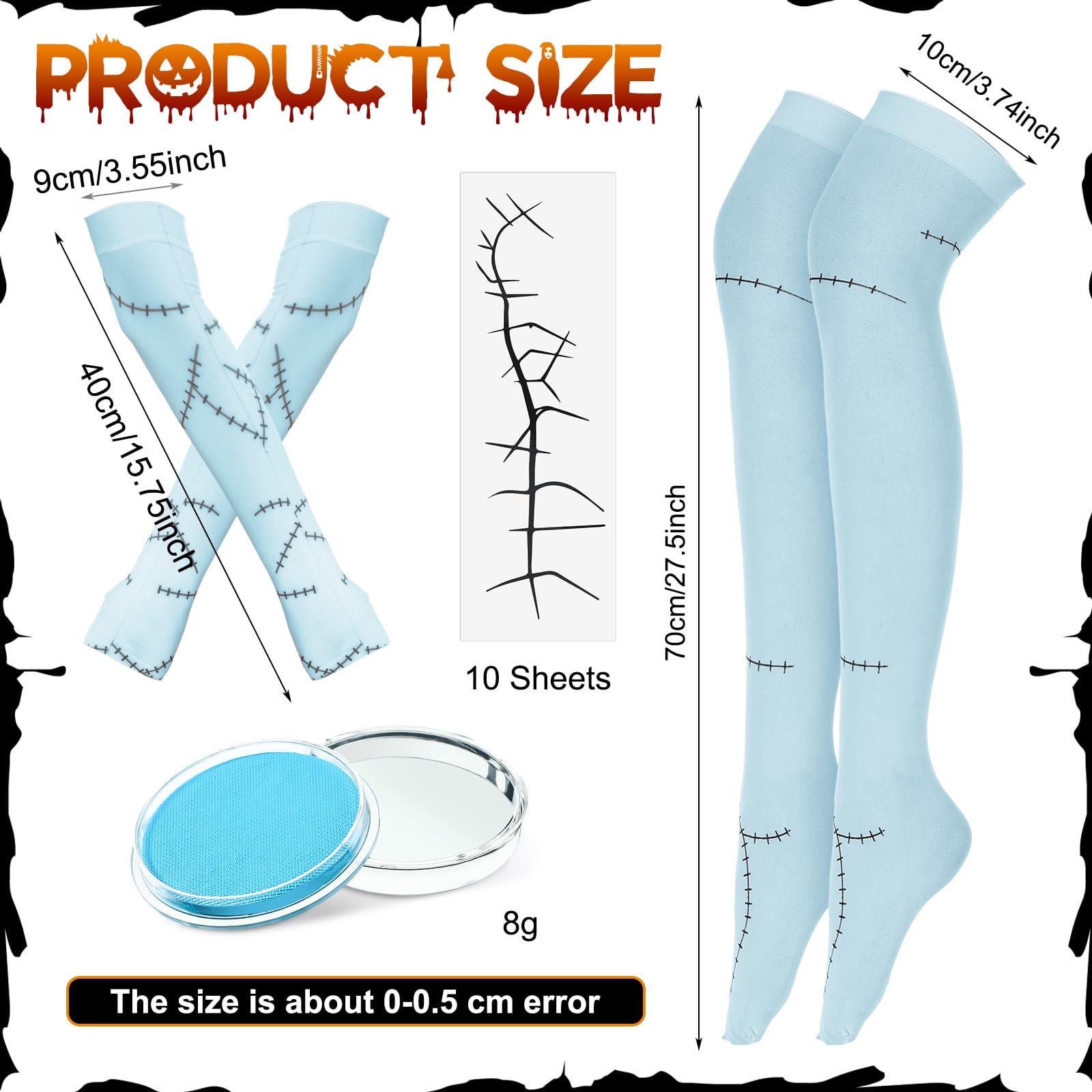 Blue Stitched Halloween Costume Set – Scar Gloves, Stockings, Tattoos & Body Paint 💙🩹