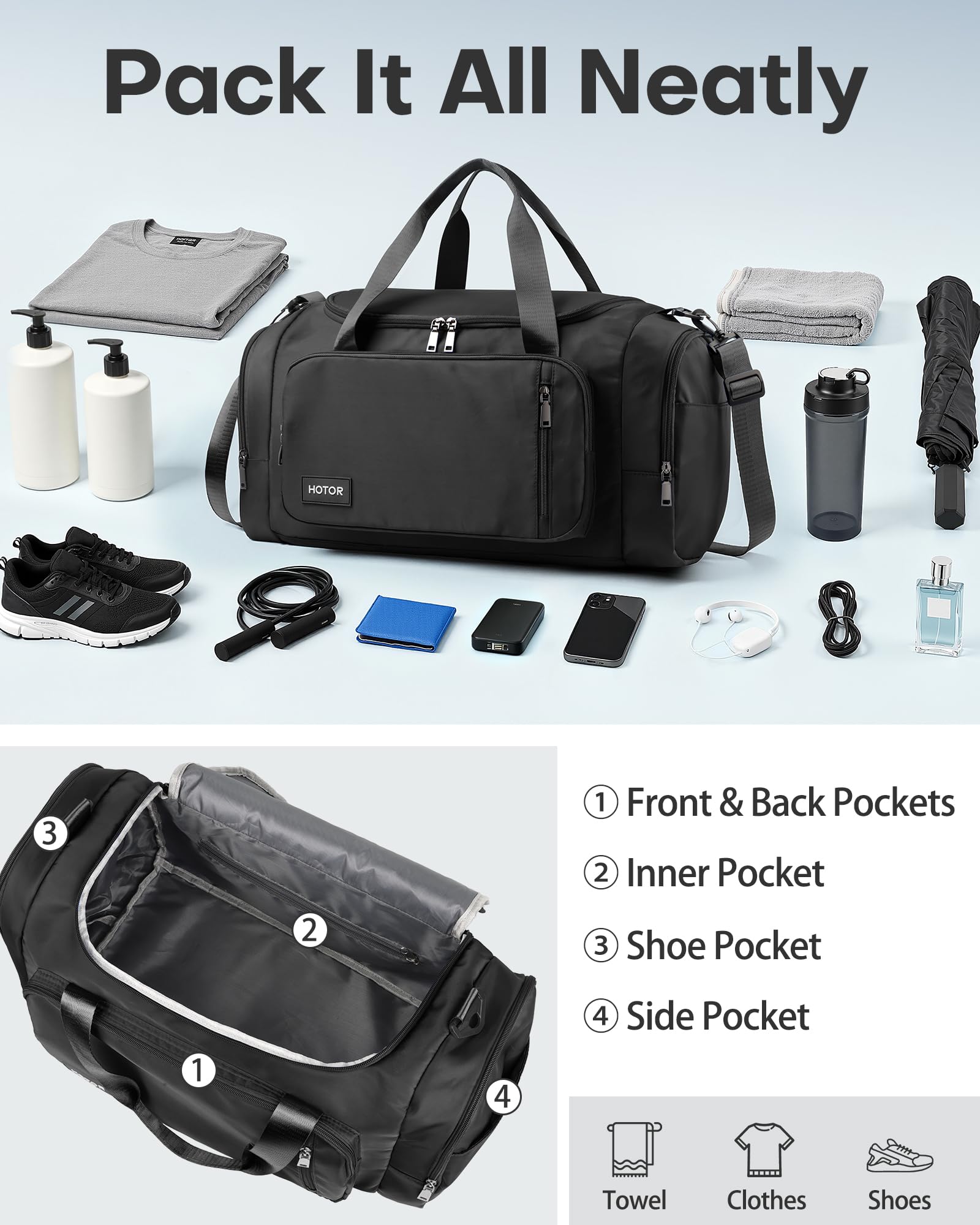 HOTOR Spacious Gym Duffle Bag – Carry-On Sports & Weekender Bag with Shoe Compartment and Wet Pocket (Black)