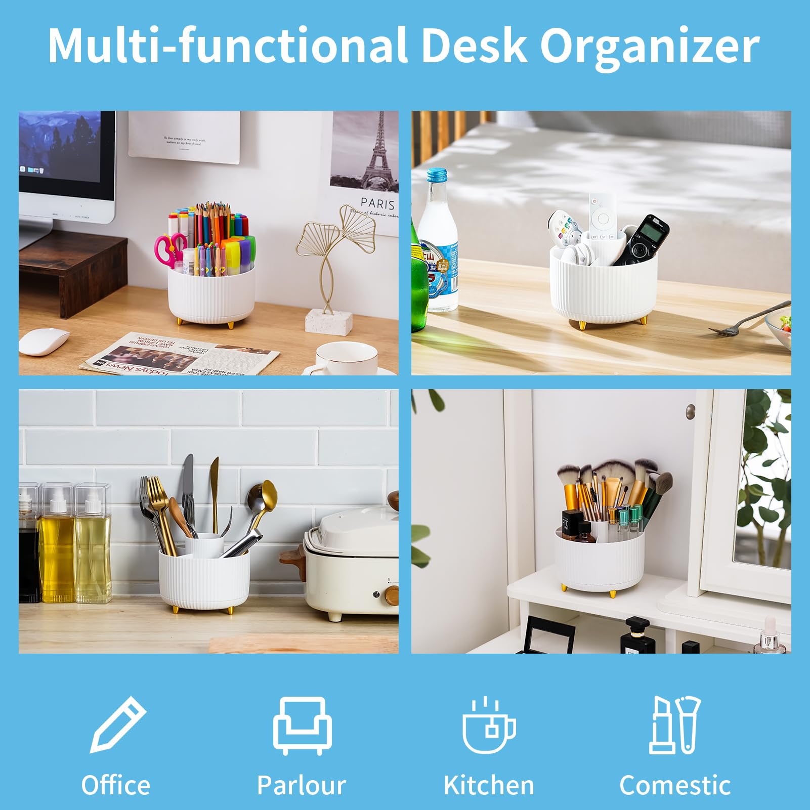 MARBRASSE 360° Rotating Desk Organizer – 5-Compartment Pen Holder & Desktop Storage Caddy for Office & Home