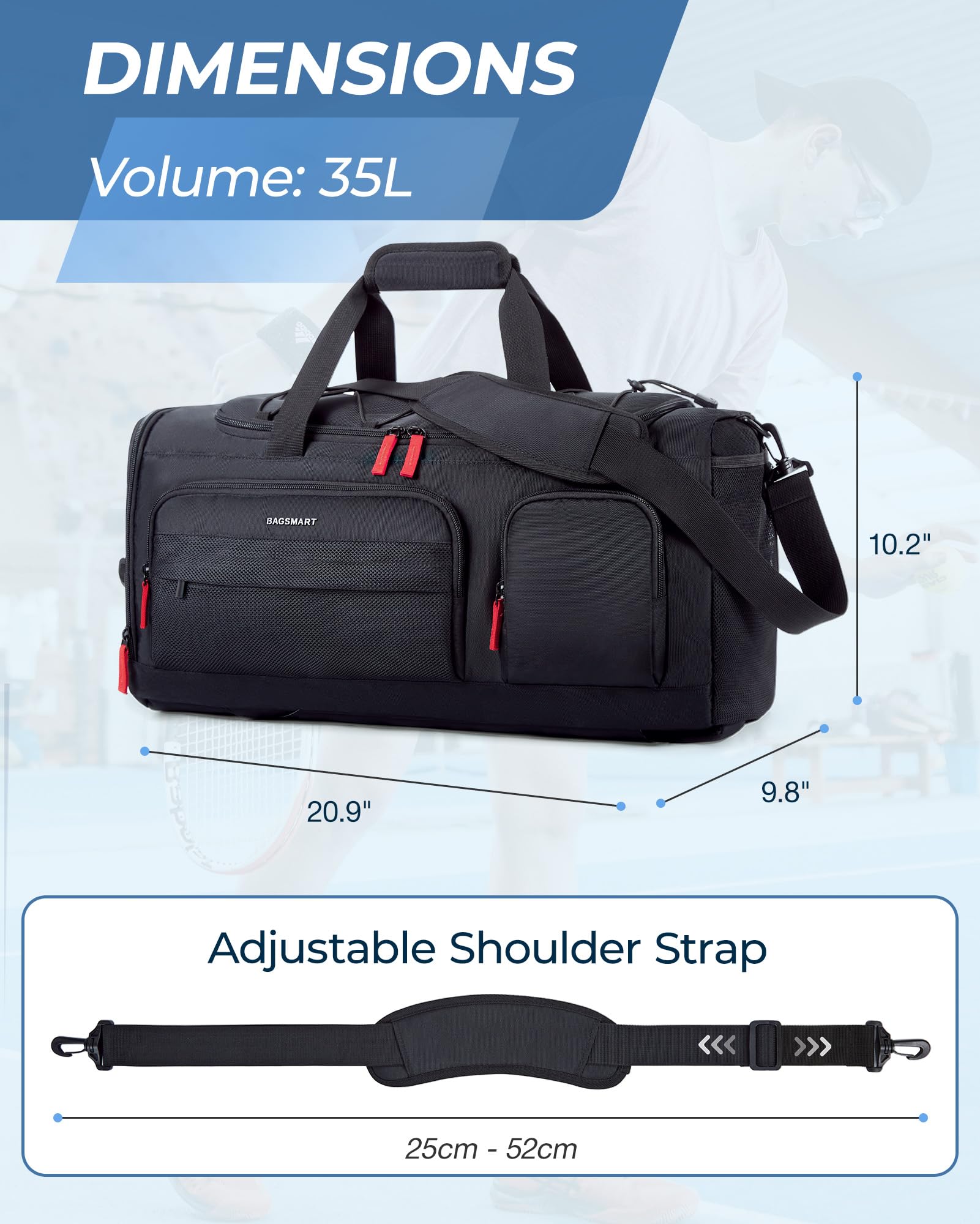 BAGSMART 35L Gym & Travel Duffel Bag with Shoe and Laptop Compartments – 3-in-1 Carry-On Weekender (Black)