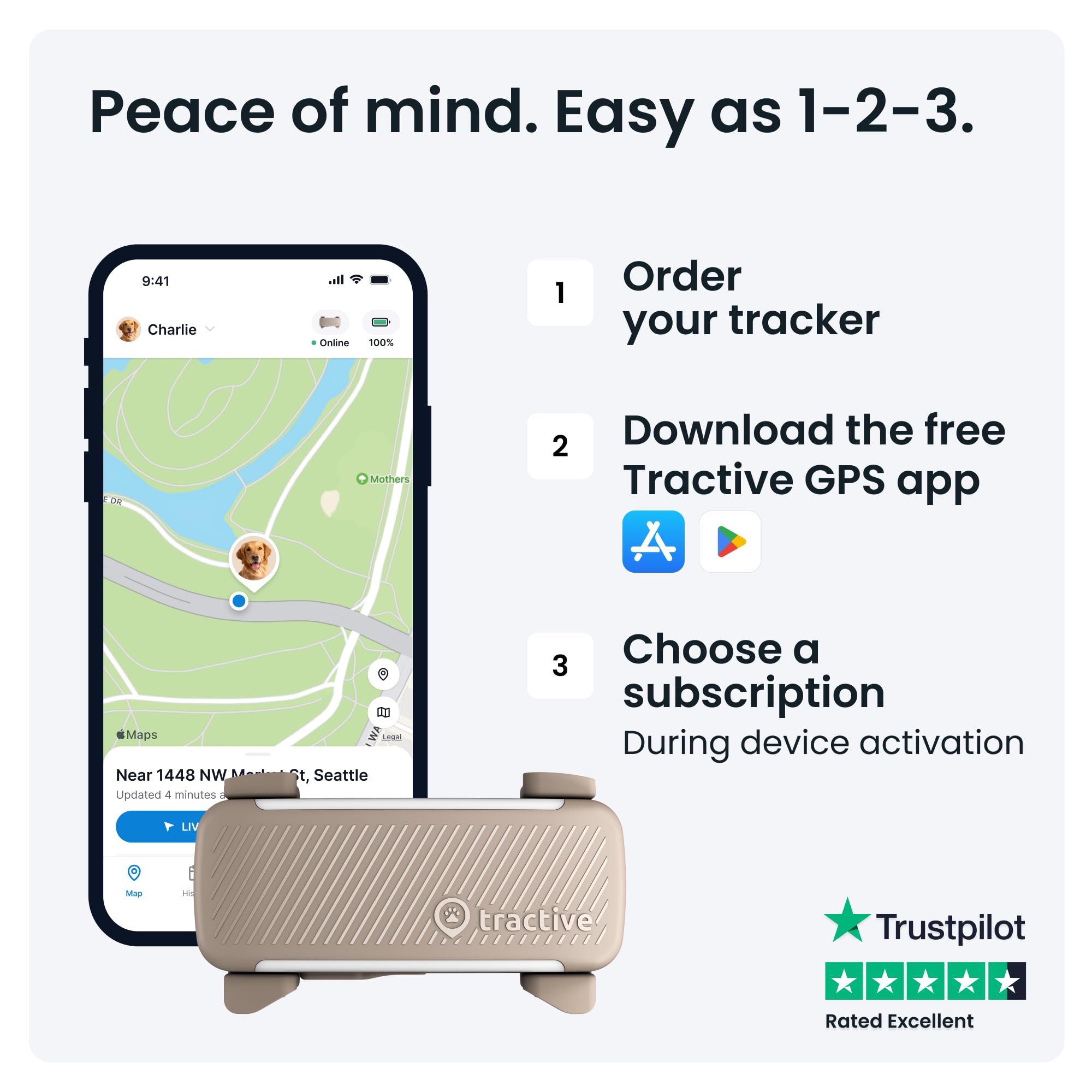 Tractive Real-Time GPS Dog Tracker Bundle with Olive Cover – Waterproof Smart Pet Tracker with Health Monitoring (Brown)