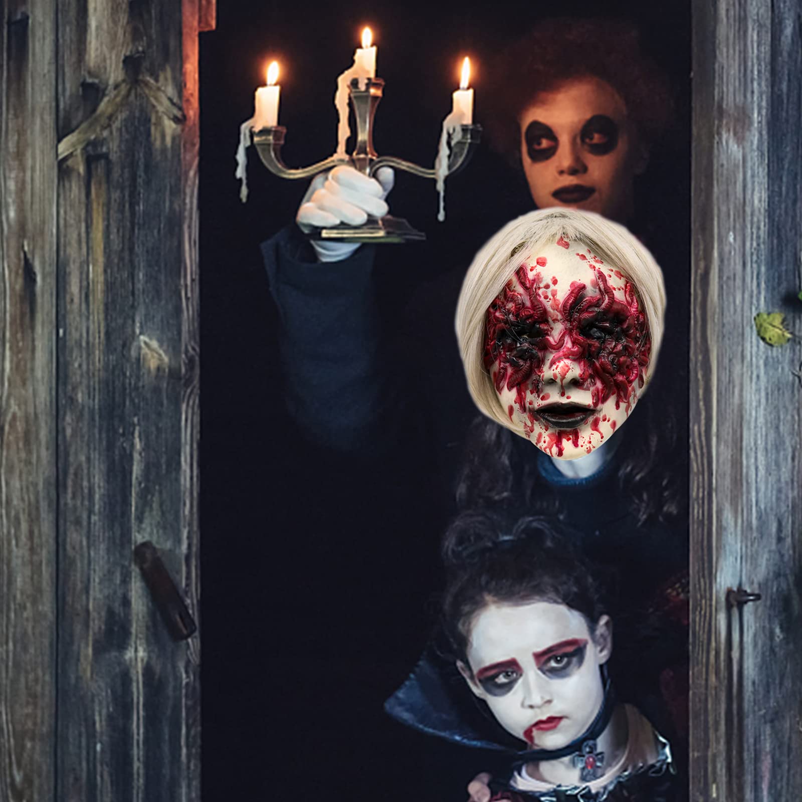 Scary Demon Woman Mask – White Horror Halloween Mask with Silver Hair & Bloody Eye Worm Design (Adult Size)