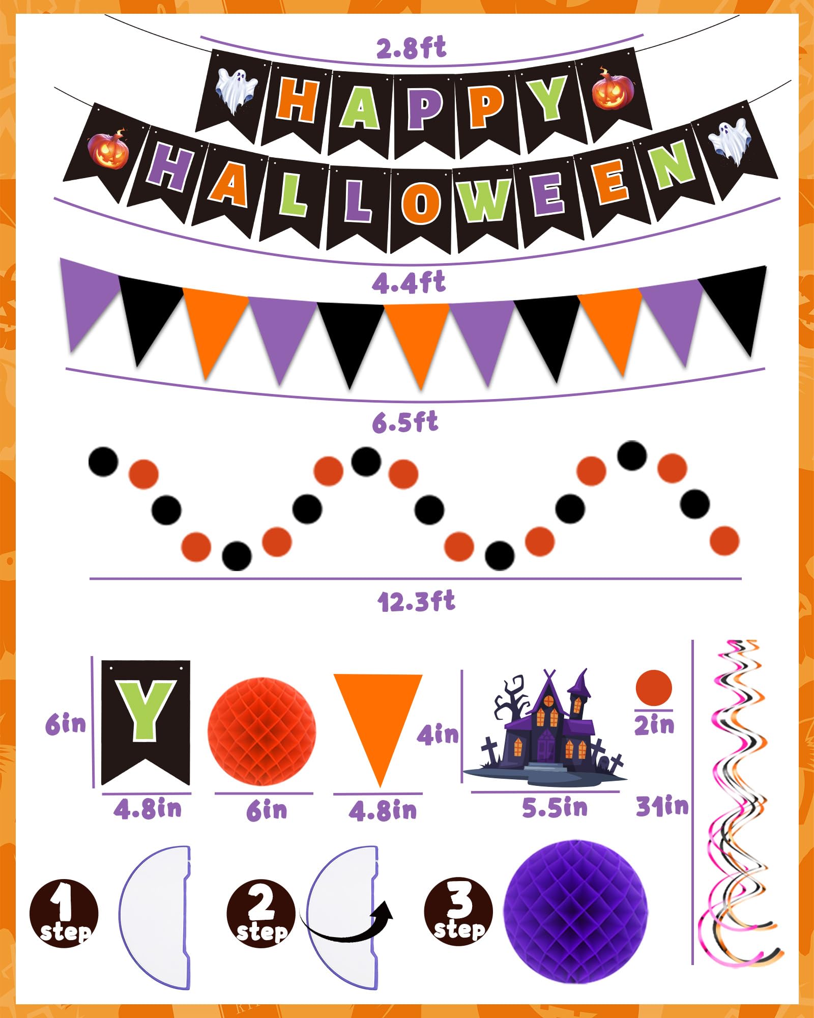 Halloween Party Decoration Set – 7.2ft Banner, Hanging Swirls, Flags & Garland Kit (50+ Pieces) for Indoor & Outdoor Festive Décor