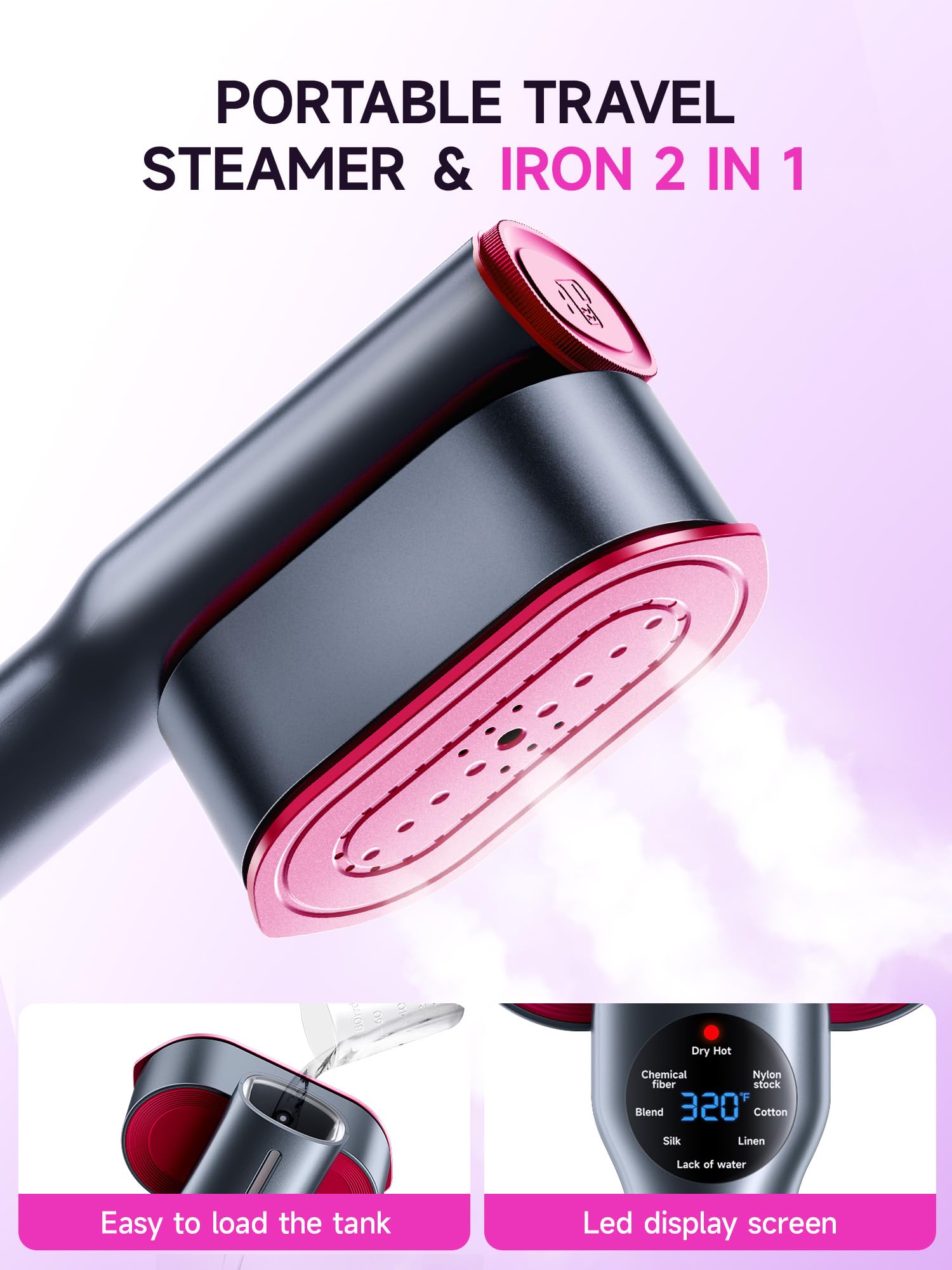DRFLASH Rose Red 2-in-1 Professional Handheld Garment Steamer 1200W Foldable Travel Steam Iron with 7 Fabric Modes
