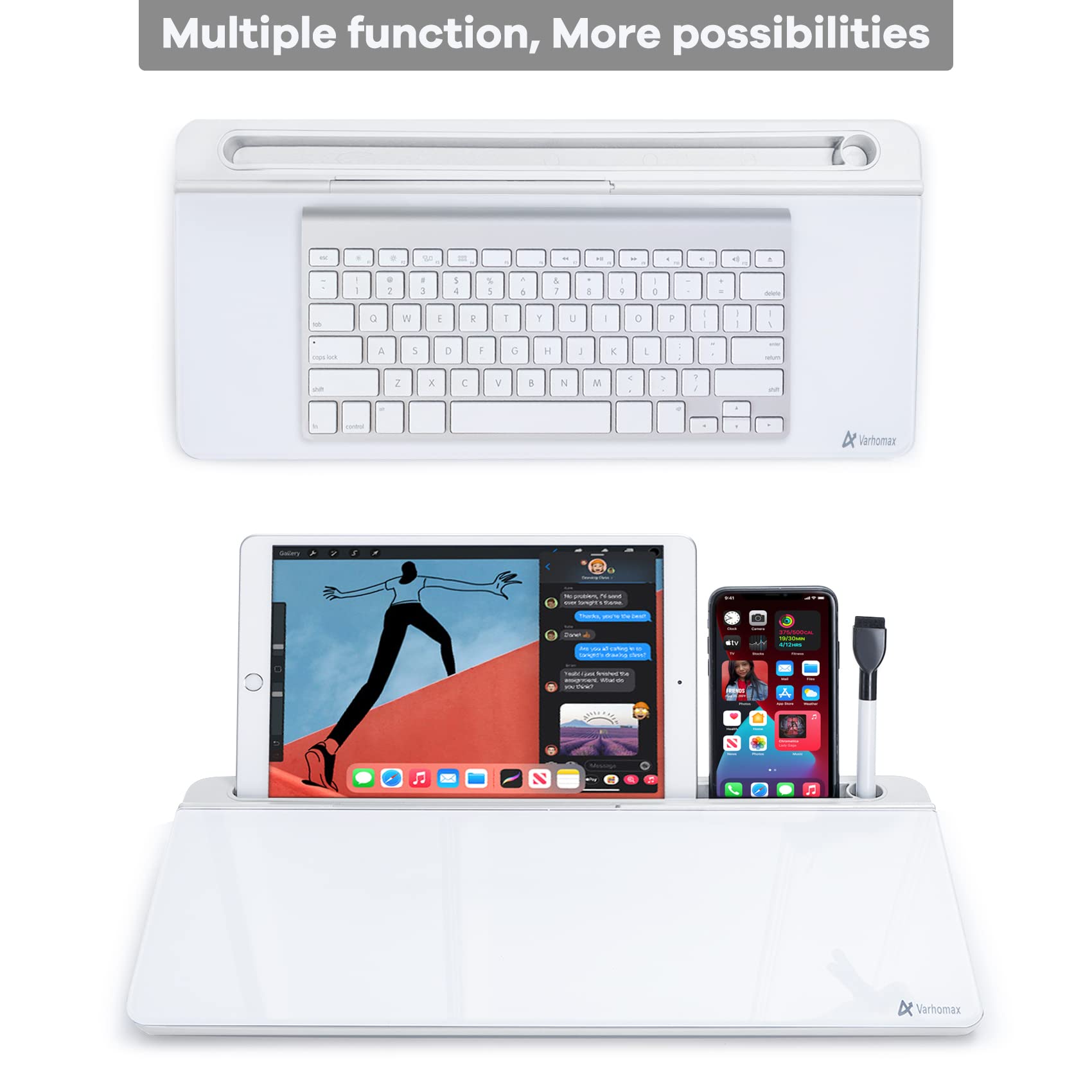 Varhomax Tempered Glass Desktop Whiteboard Organizer with Storage Compartments & Phone Holder for Office Productivity