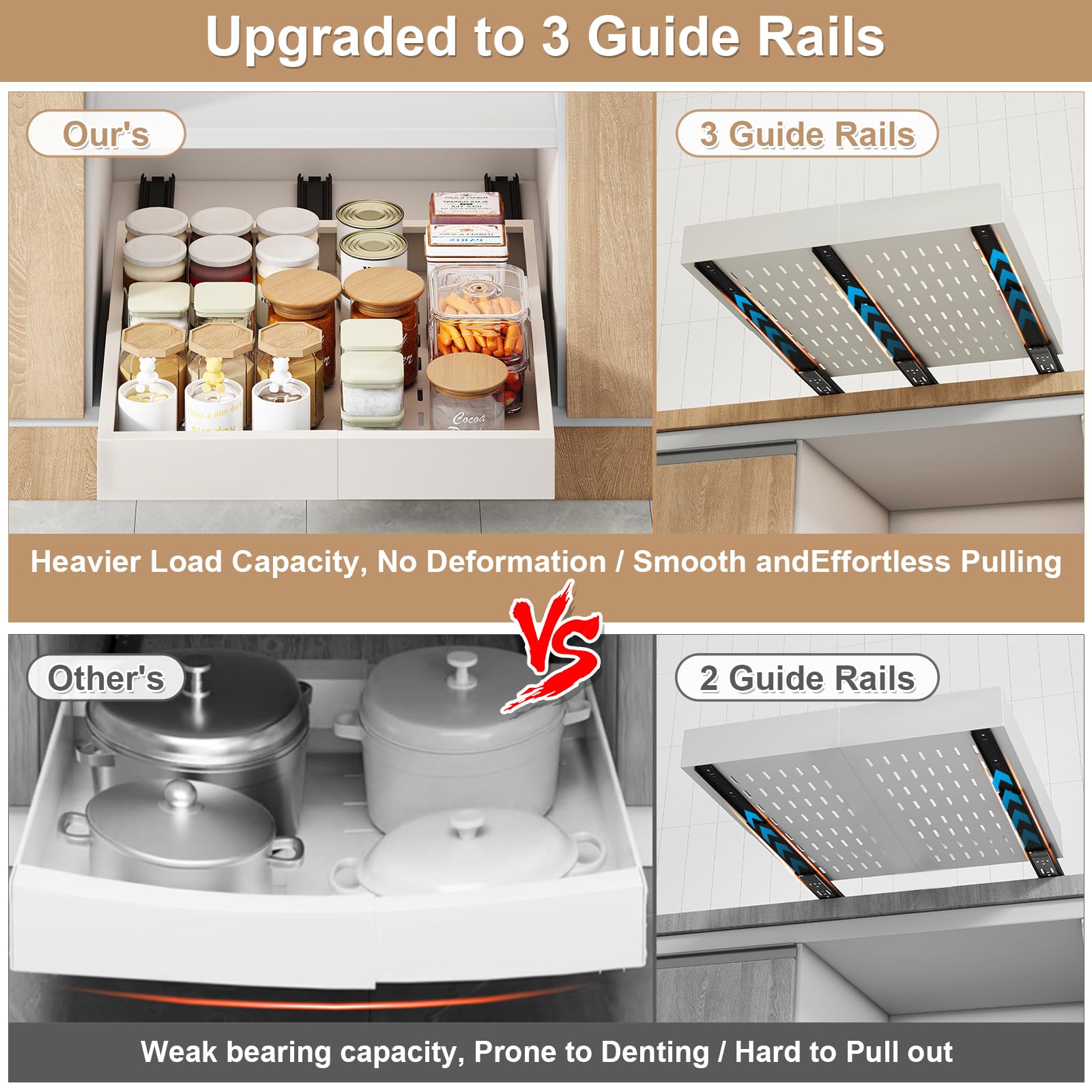Expandable Pull-Out Cabinet Organizer – Adjustable Width & Depth, 3-Rail No-Drill Slide-Out Drawers (White)