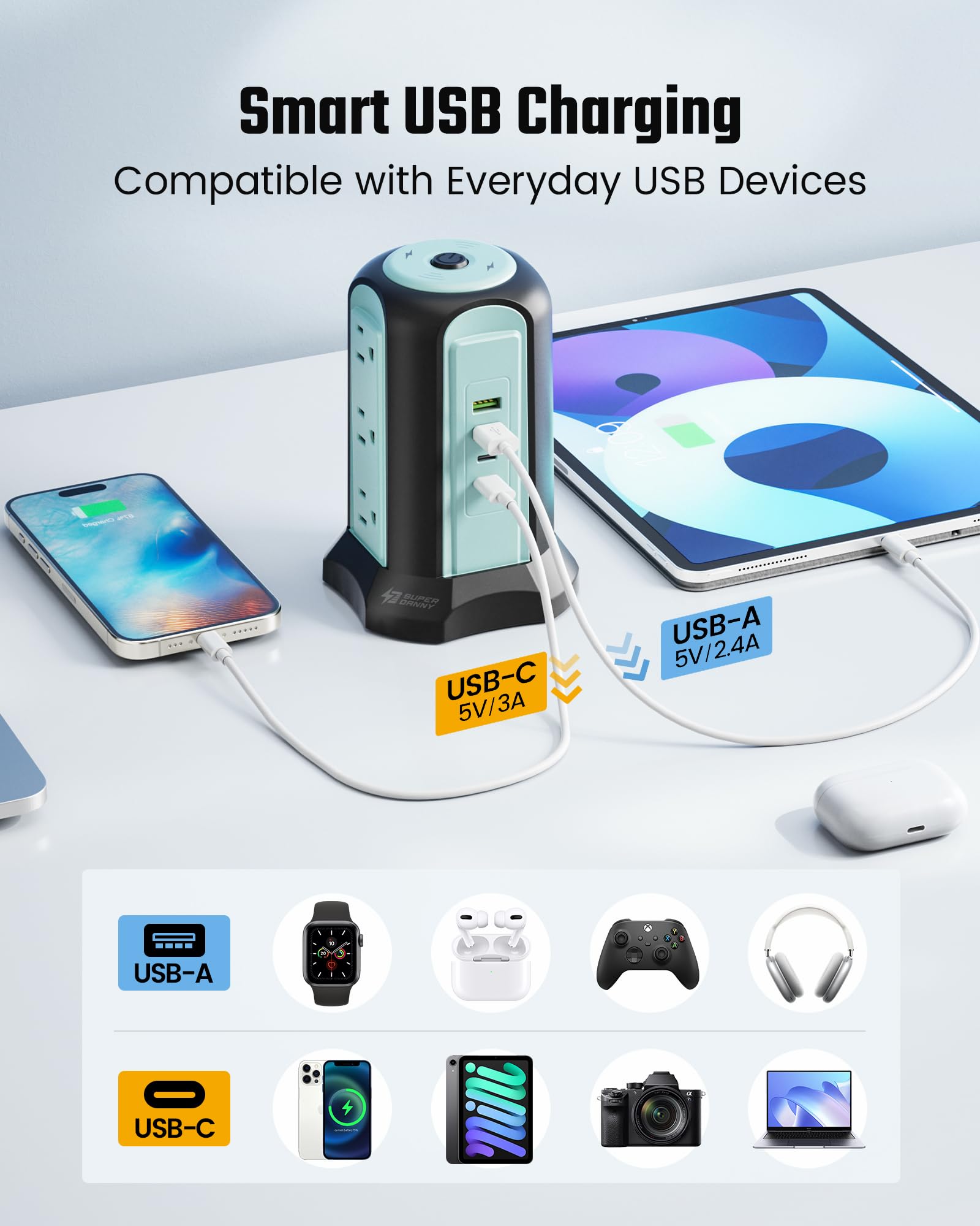 Surge Protector Tower with Wireless Charger – 9 AC Outlets, 4 USB Ports & 10Ft Extension Cord