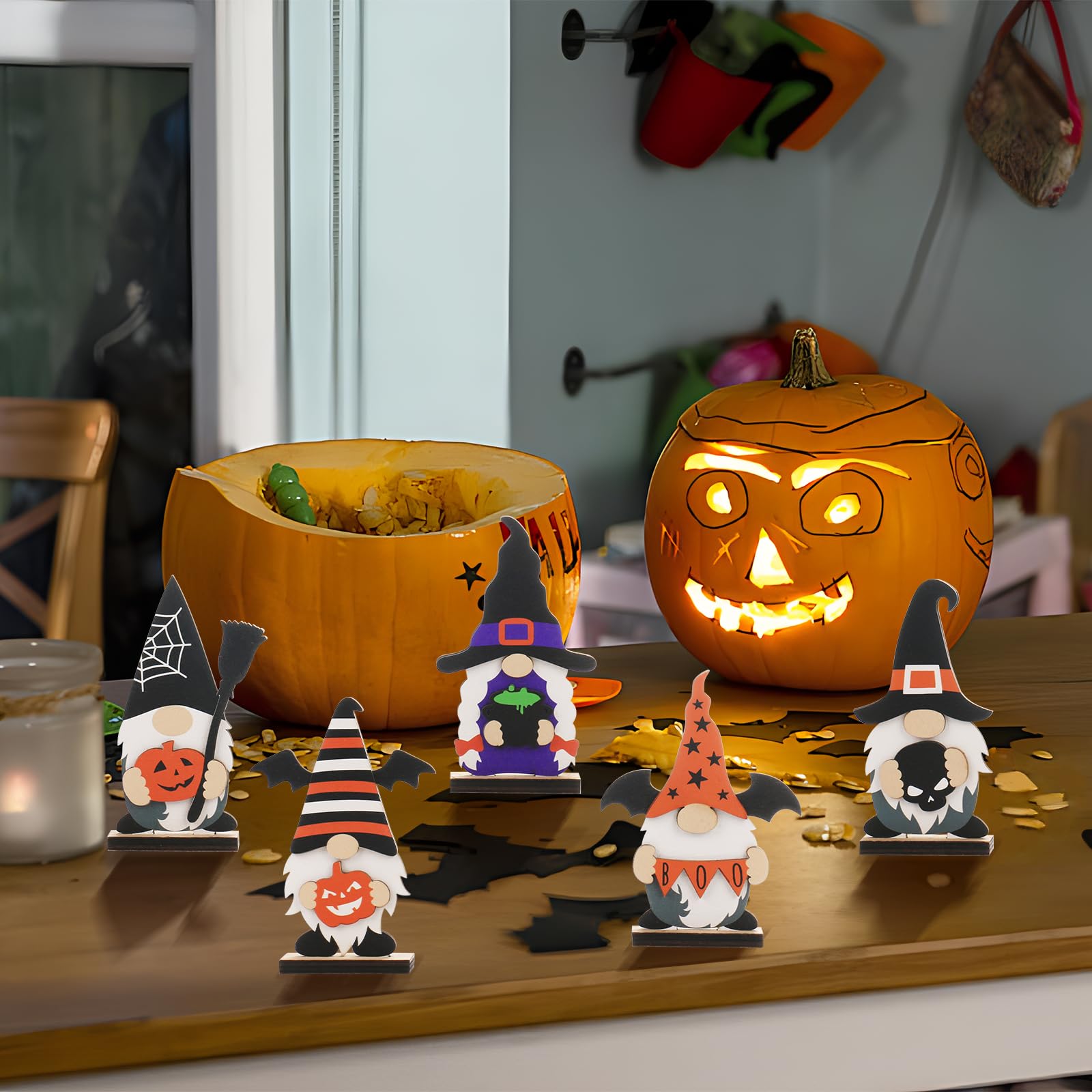 Set of 5 Halloween Gnome Table Decorations – Black, White, Blue & Orange Wooden Figurines for Festive Decor