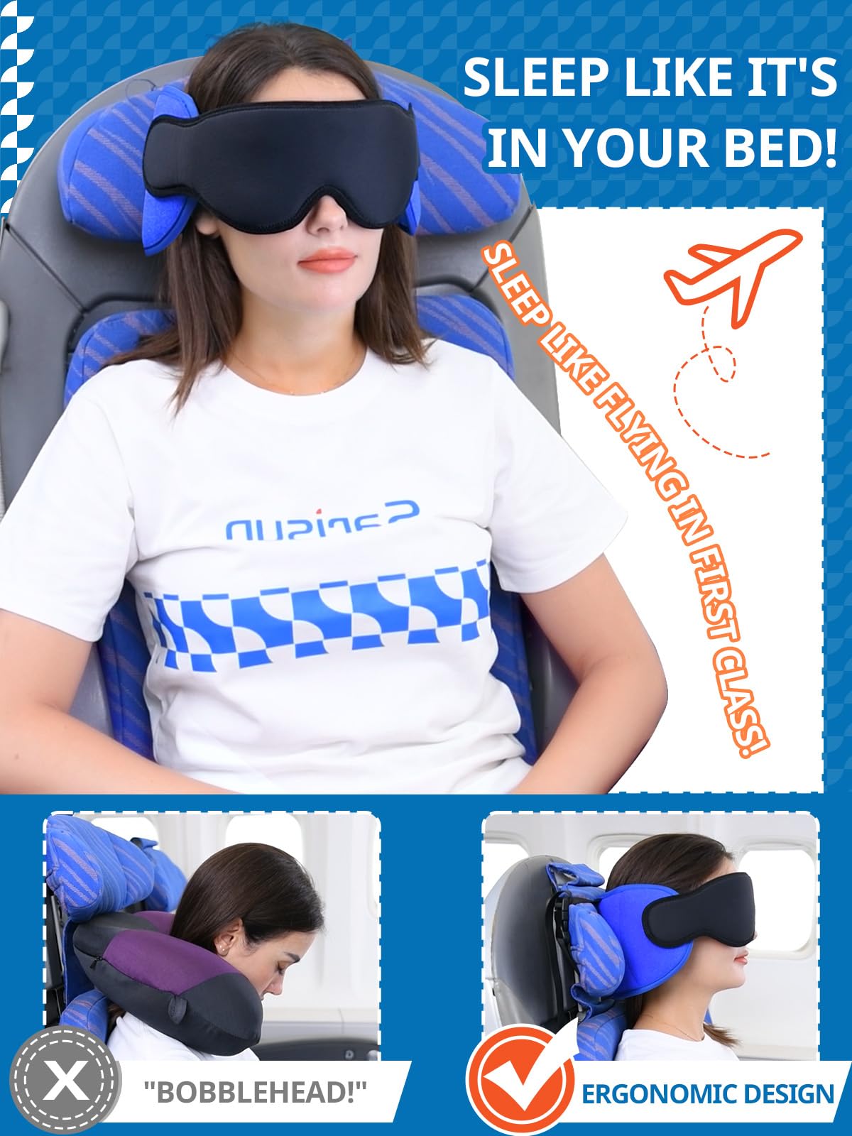 360° Head Support Travel Pillow with Integrated Eye Mask – Compact Airplane Sleep Pillow for Long Flights