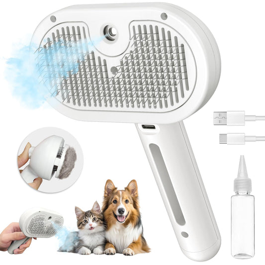 Self-Cleaning Cat Steam Grooming Brush with Mist Spray, Deshedding and Massage Tool for Cats and Dogs with Soft Stainless Steel Bristles