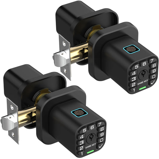 Fingerprint Keypad Door Knob Lock 2 Pack with Same Key, Biometric Smart Entry Lock for Home, Office & Garage Doors