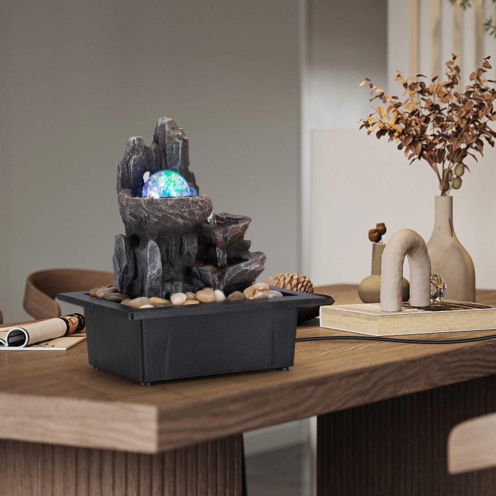 Modern Rock Zen Tabletop Fountain with LED Crystal Ball – Multi-Layer Resin Indoor Water Feature