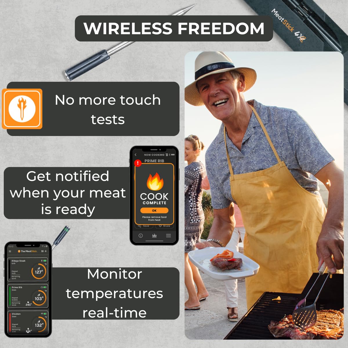Wireless Smart Meat Thermometer 4X Set with 650ft+ Bluetooth Range & Quad Sensors