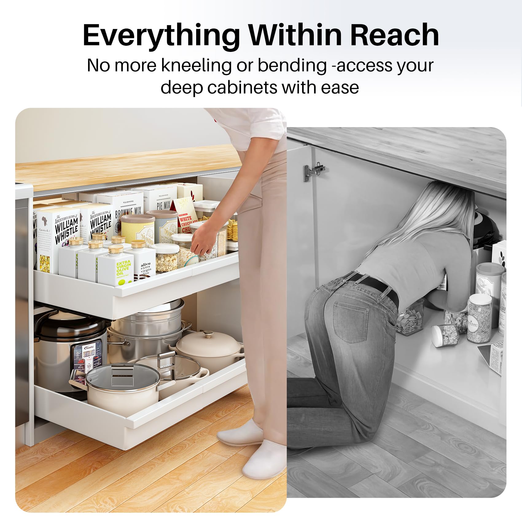 Extra-Wide Pull-Out Cabinet Organizer – Full-Extension 3-Rail No-Drill Slide-Out Drawers (White)