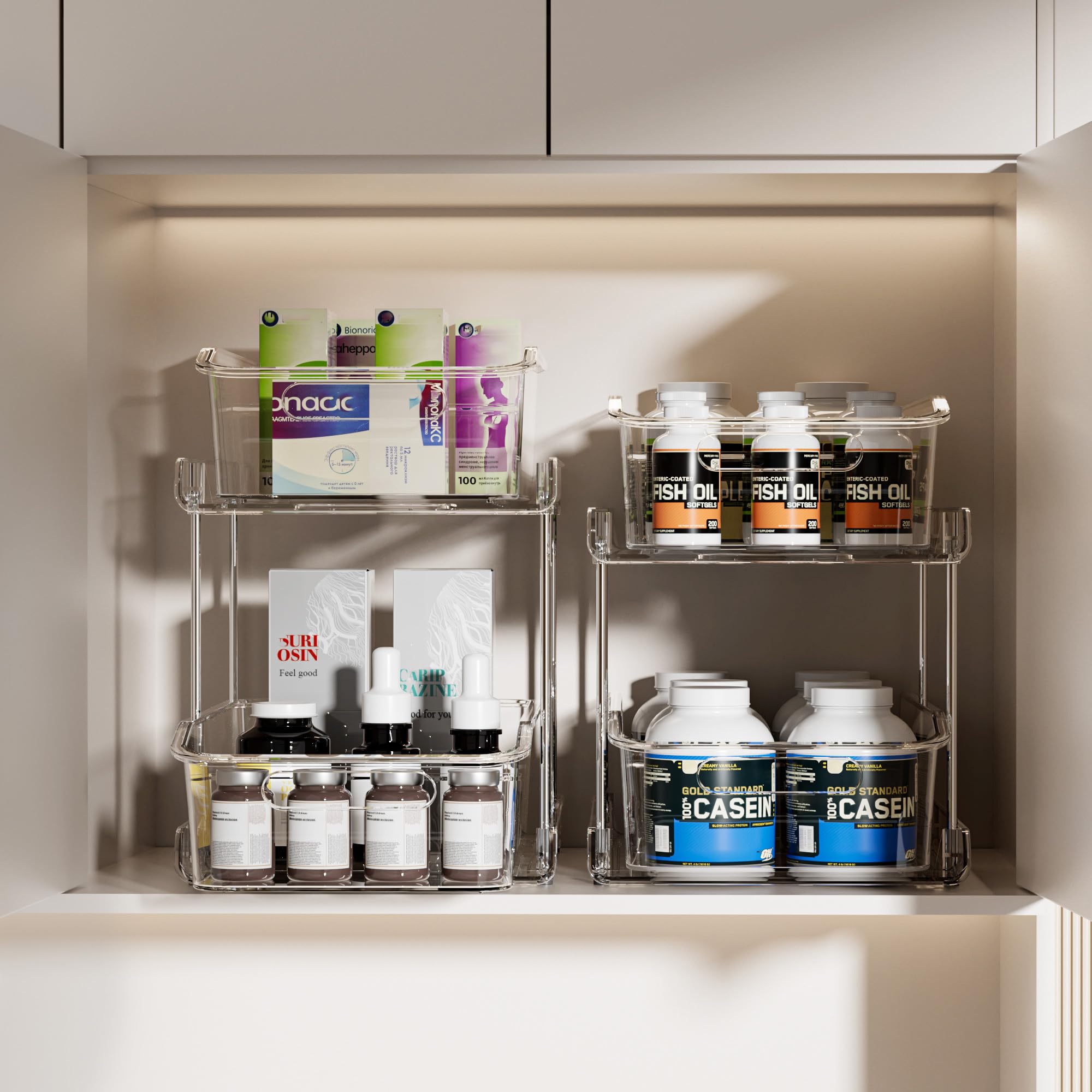 Delamu 2-Tier Clear Under Sink Organizer – Stackable Pull-Out Cabinet Storage with Dividers (2-Pack)