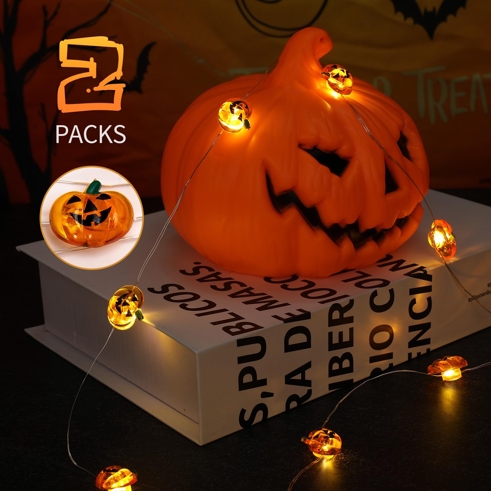 Mini Pumpkin String Lights – 7FT 20 LED Battery Operated Halloween Fairy Lights (Warm Orange Glow)