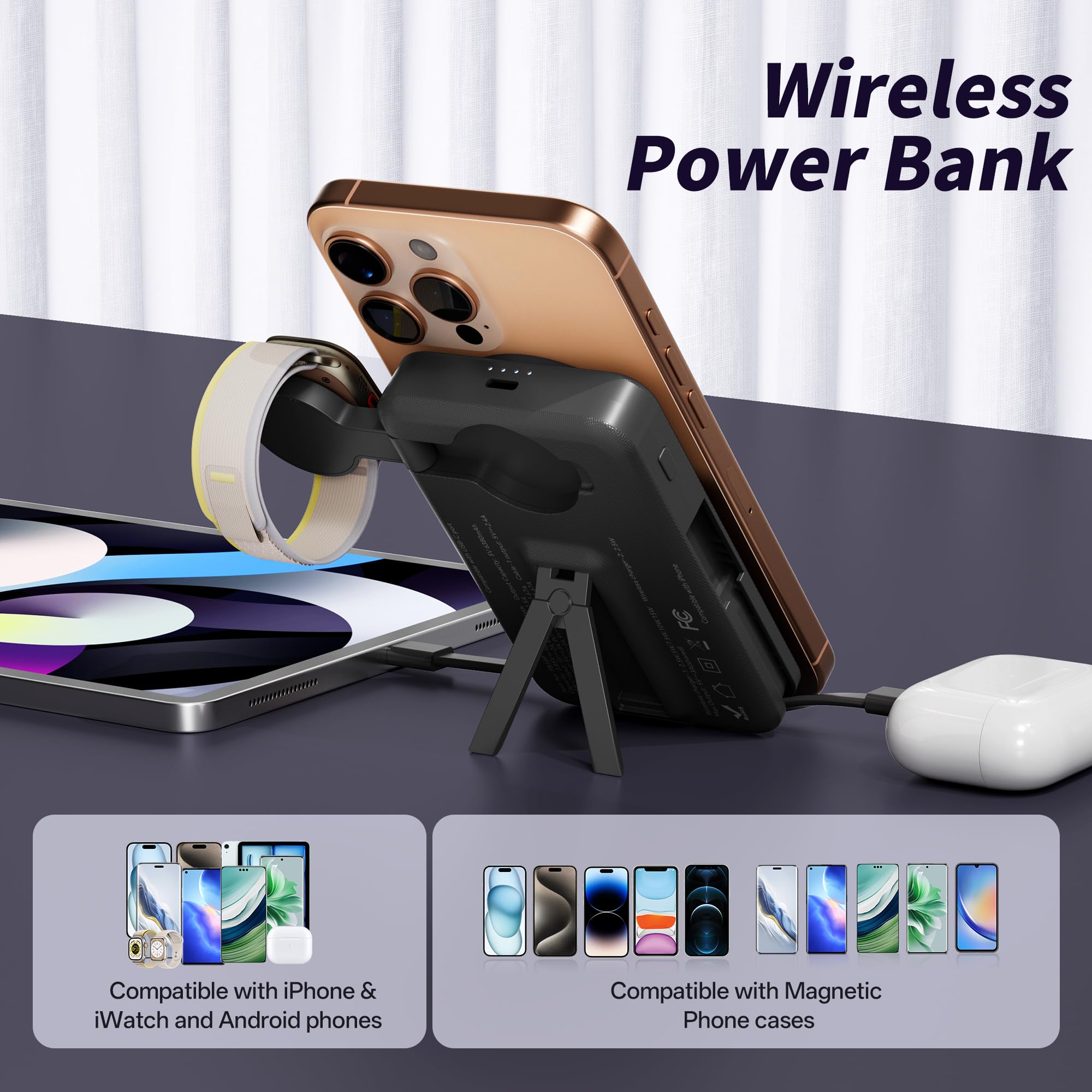 Magnetic Portable Power Bank 10,000mAh – Wireless Fast Charger with Built-In Cables & Kickstand (Black)