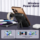 Magnetic Portable Power Bank 10,000mAh – Wireless Fast Charger with Built-In Cables & Kickstand (Black)