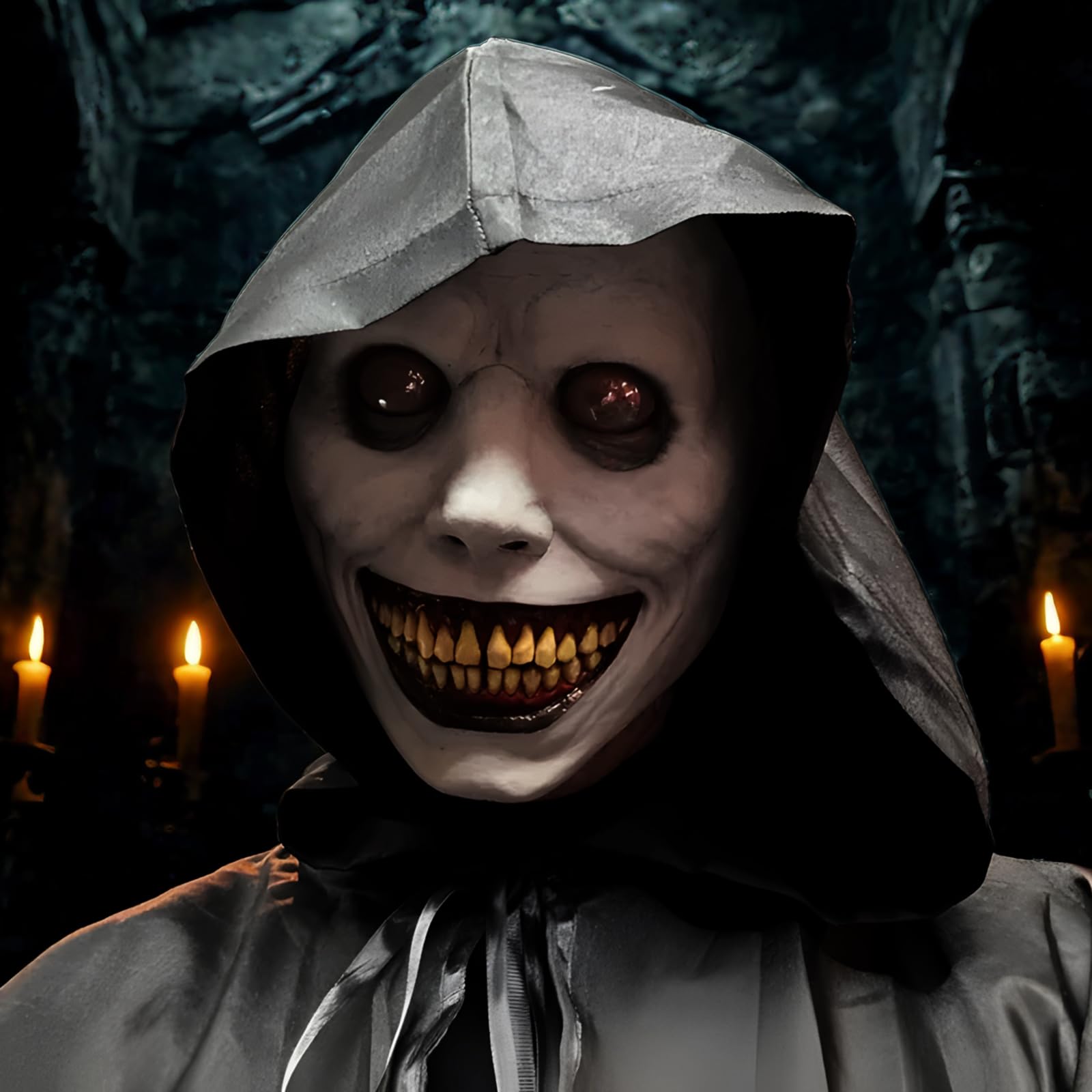 White Demon Grin Mask – 3D Latex Horror Face with Bloody Teeth & Demonic Eyes 💀😈