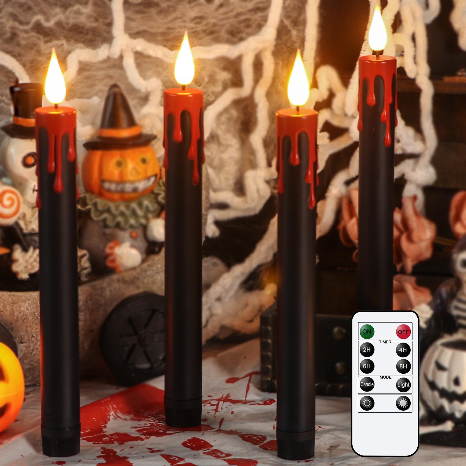 Black Flameless Taper Candles with Remote – 4 Pack Drip Wax LED Candlesticks, Timer & Flickering 3D Flame Design for Halloween Decor
