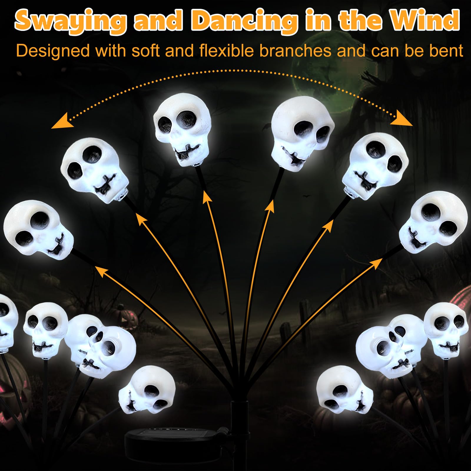 Solar Skull Pathway Lights – Cool White LED Halloween Yard Decorations with Twinkle & Steady Modes (4-Pack, SP-25)