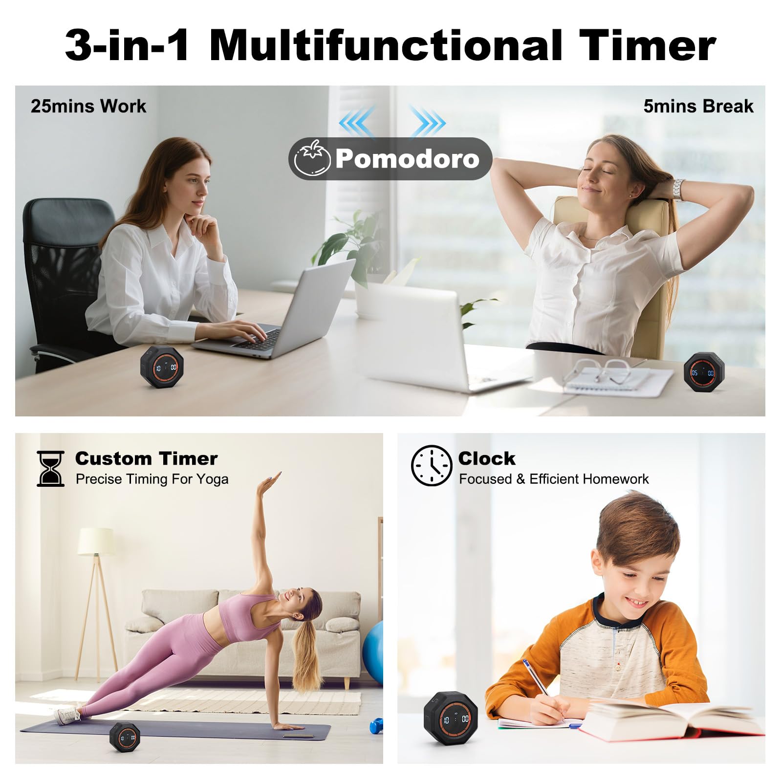 Kaflin Visual Pomodoro Timer with Gravity Flip, Magnetic Back, Built-in Clock & Auto-Cycle Mode, Rechargeable Focus Timer for Classroom, Work & Kitchen – Black