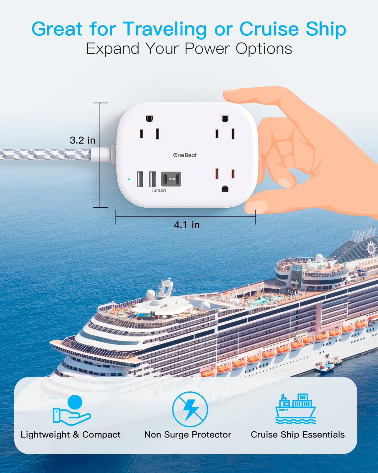 One Beat Cruise Power Strip with USB-C – Flat Plug Extension Cord, 3 Outlets & 4 USB Ports (2025)