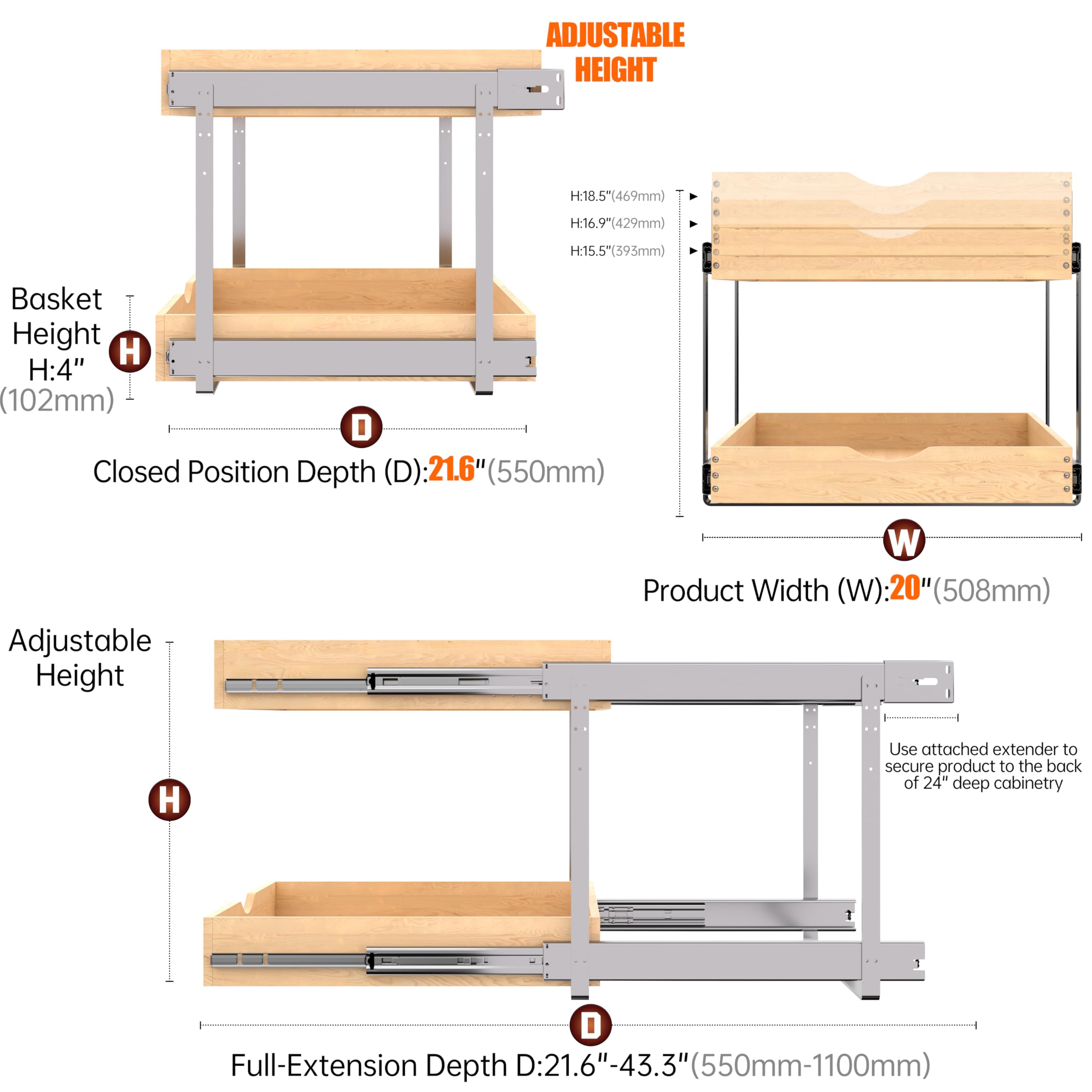 Jowboow 2-Tier Wooden Pull-Out Cabinet Shelves – Independent Slide-Out Drawers with Heavy-Duty Glide System