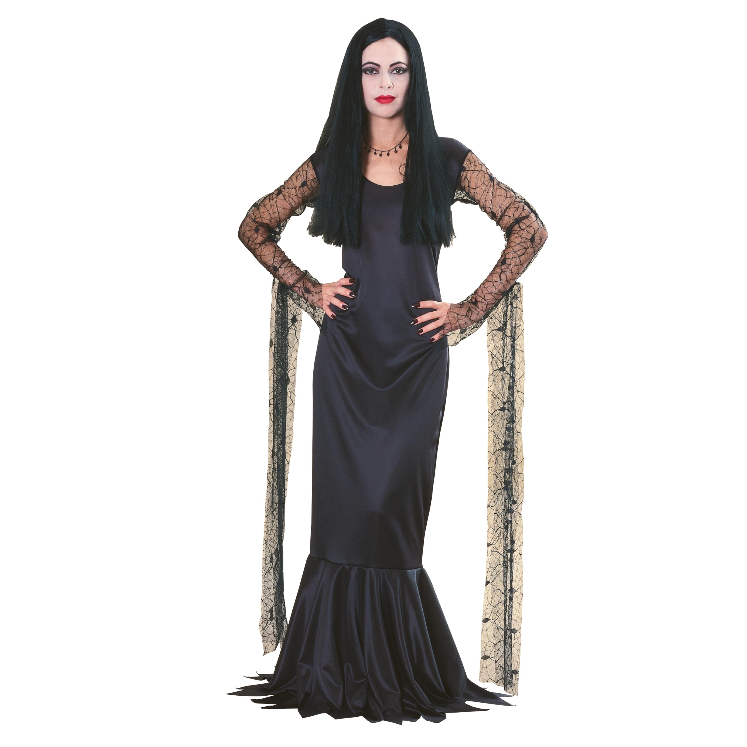 Official Addams Family Morticia Addams Costume for Women – Long Black Gothic Dress with Lace Sleeves