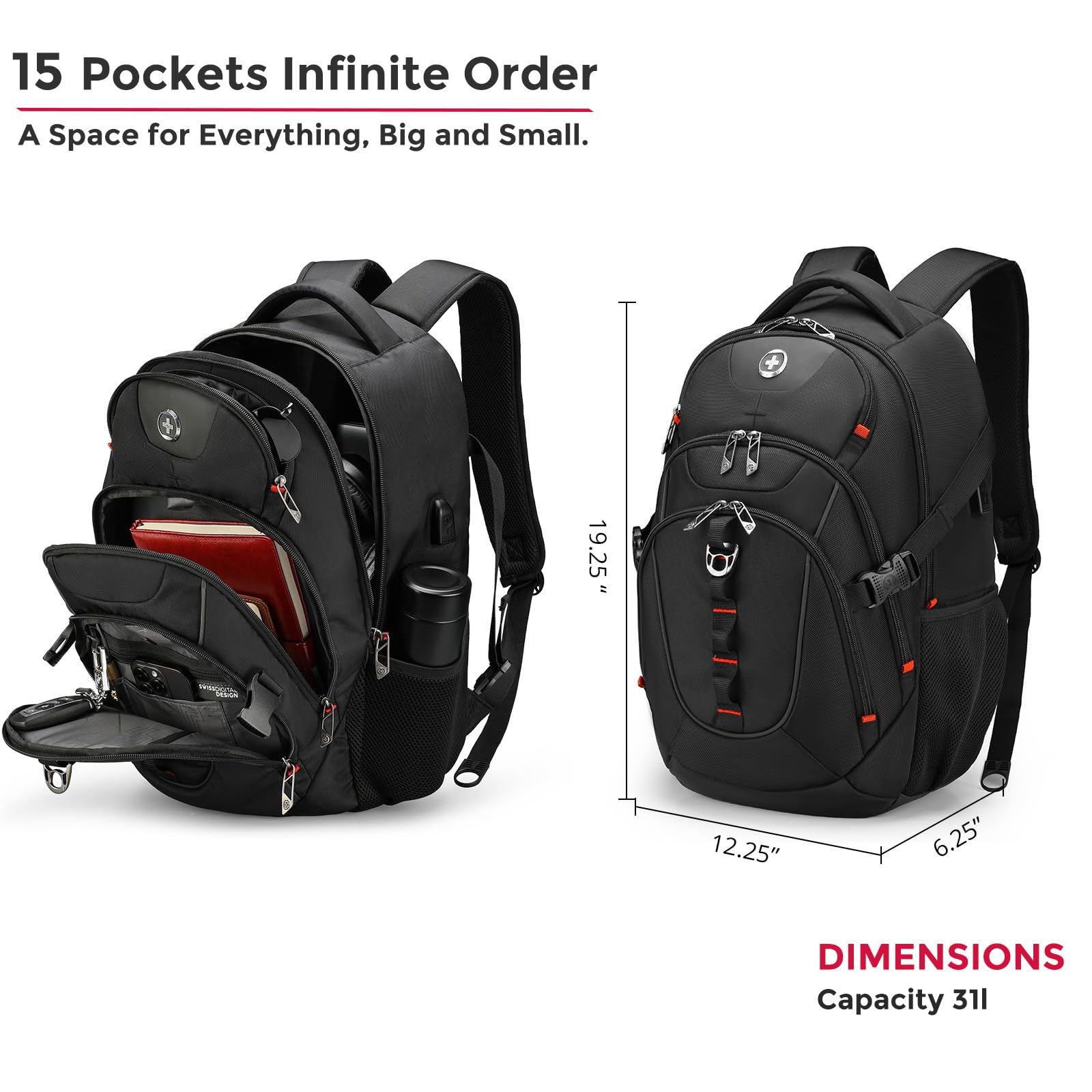 Swissdigital Design Laptop Backpack with USB-C Charging & RFID Protection – 31L Professional Travel & College Backpack (Black)