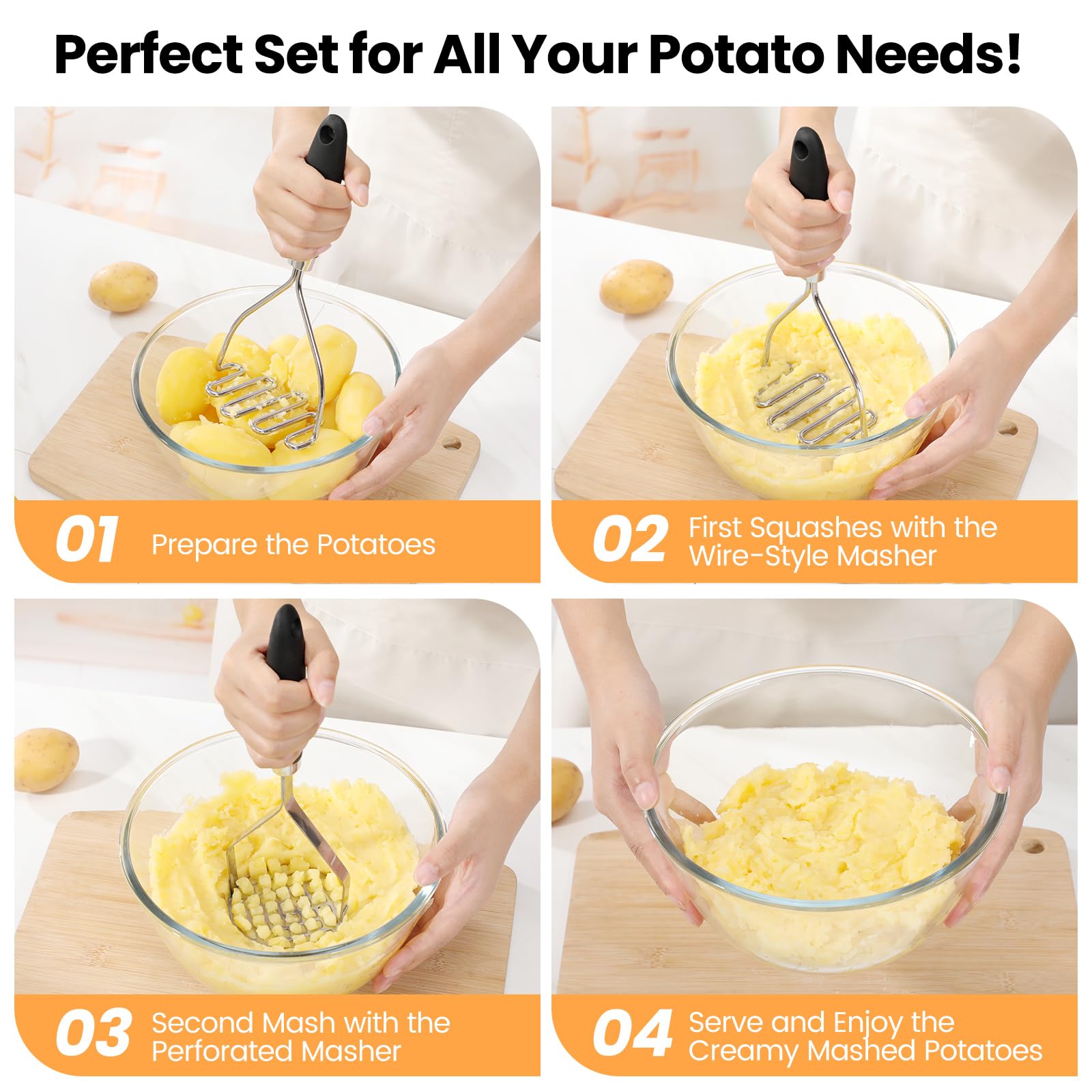 Dual Potato Masher Set – Stainless Steel Heavy-Duty Mashers with Ergonomic Handles (2-Piece)