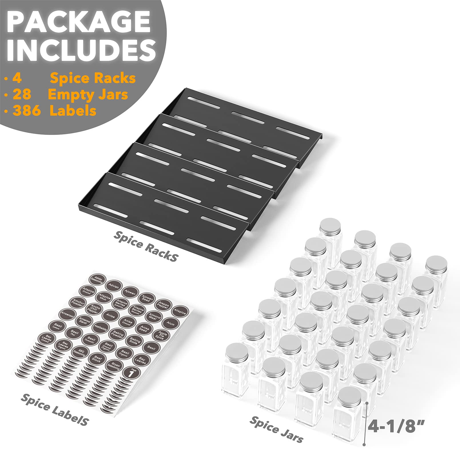 4-Tier Drawer Spice Organizer Set with 28 Glass Jars & 386 Labels – Metal In-Drawer Spice Rack System