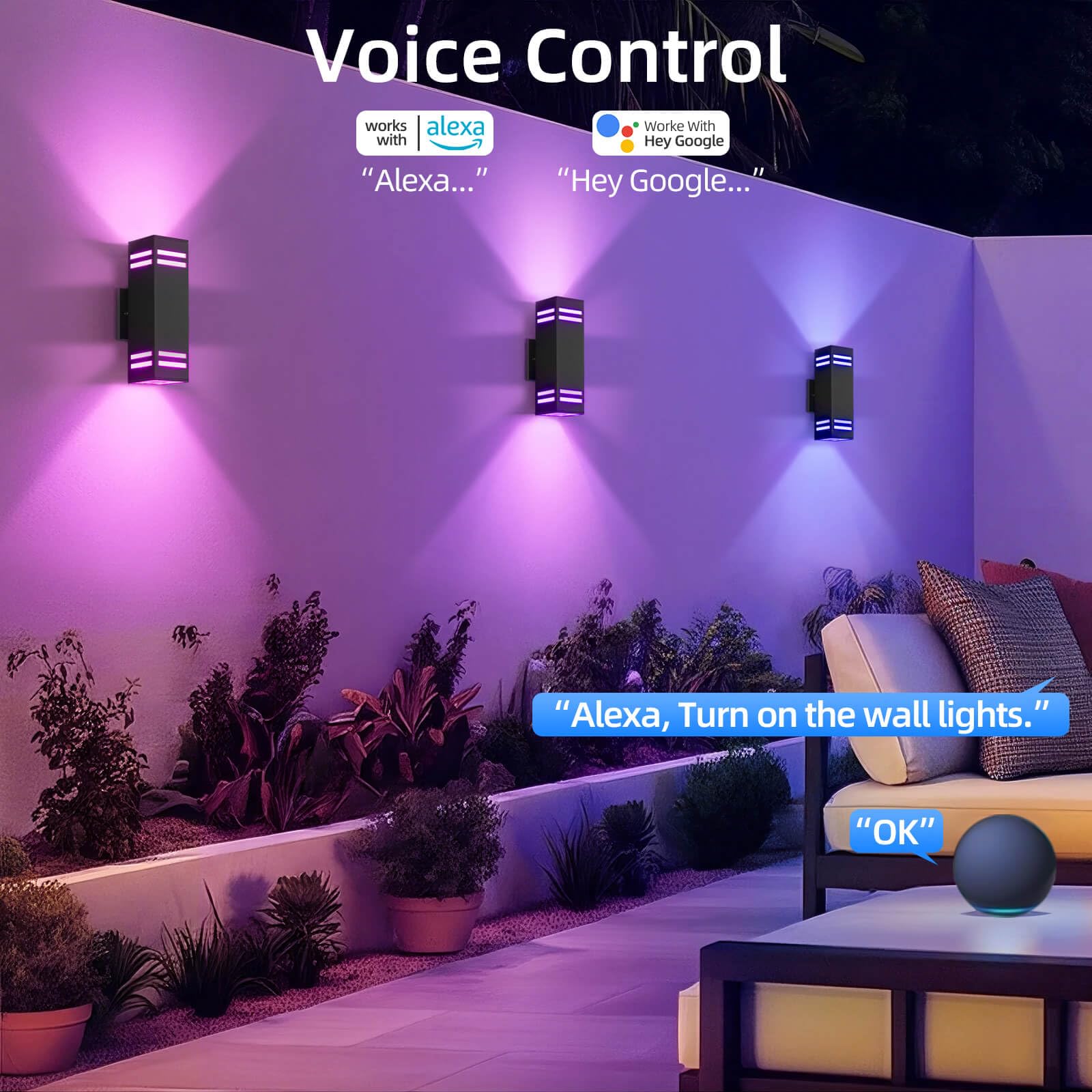 Modern RGB Smart Outdoor Wall Sconce – Up & Down Rectangle Light with Alexa & App Control