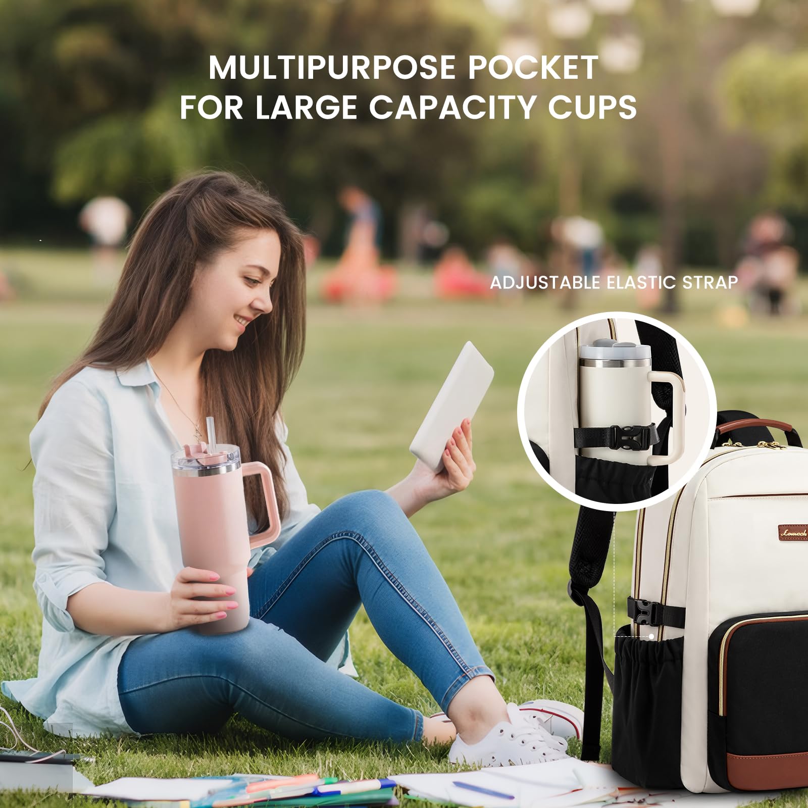 LOVEVOOK Women’s Laptop Backpack with Large Cup Pocket – Waterproof Work & Travel Backpack for 15.6″ Laptop (Beige Black Chestnut Brown)