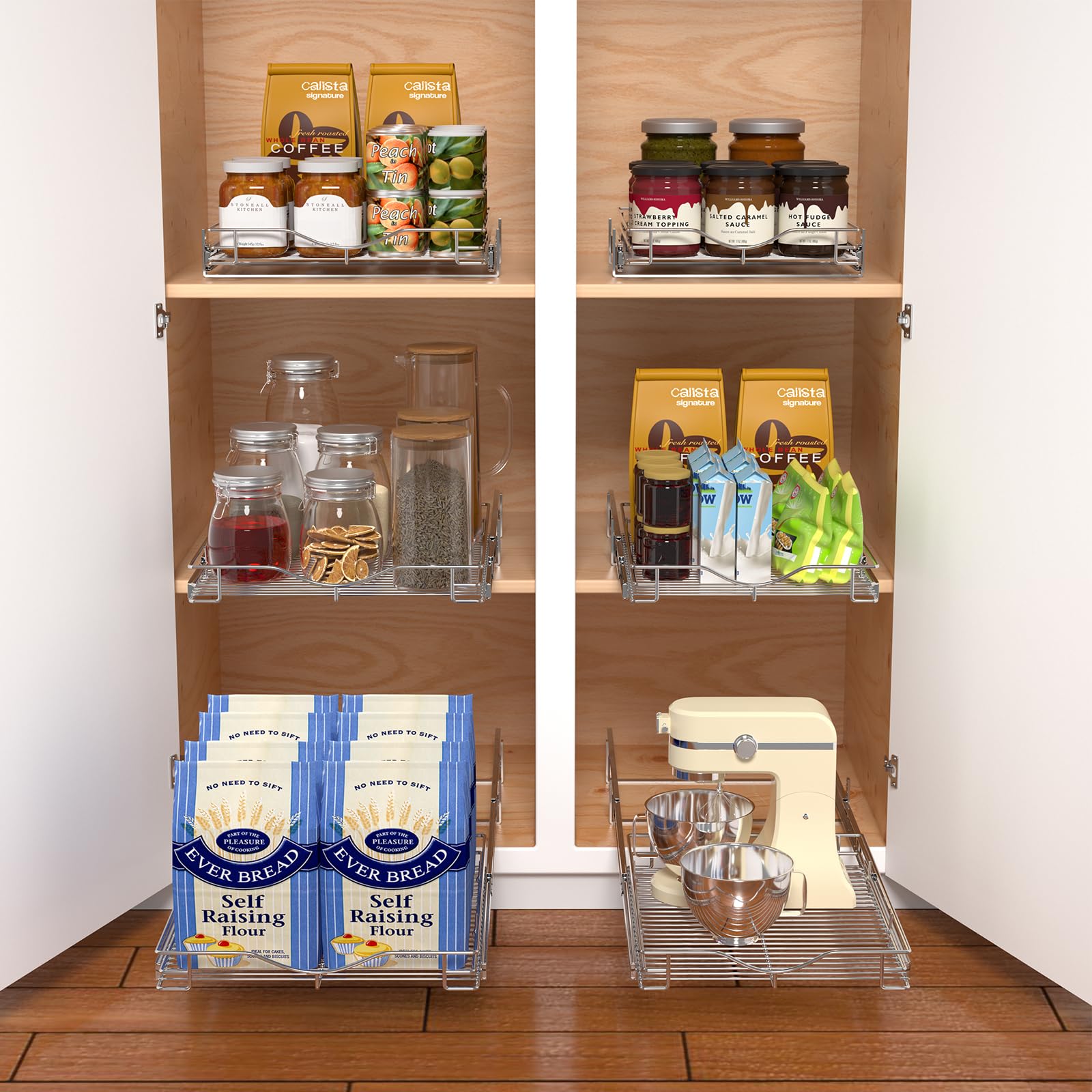 DINDON Narrow Chrome Pull-Out Cabinet Organizer – Single-Tier Heavy-Duty Slide-Out Wire Basket for Compact Cabinets