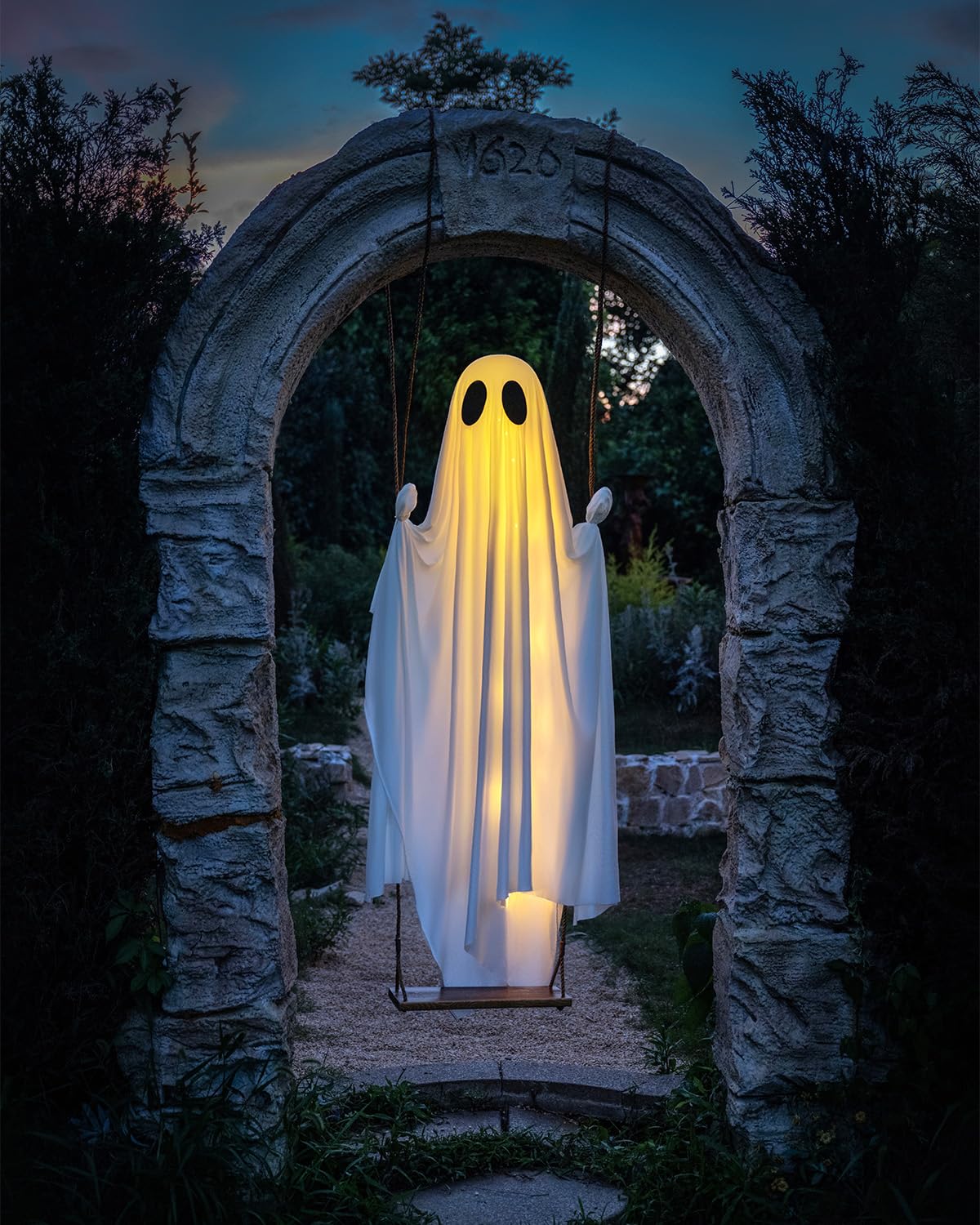 13FT Adjustable Swing Ghost with LED Lights – Giant Hanging Halloween Decoration with Remote & 8 Lighting Modes (White, LK567)