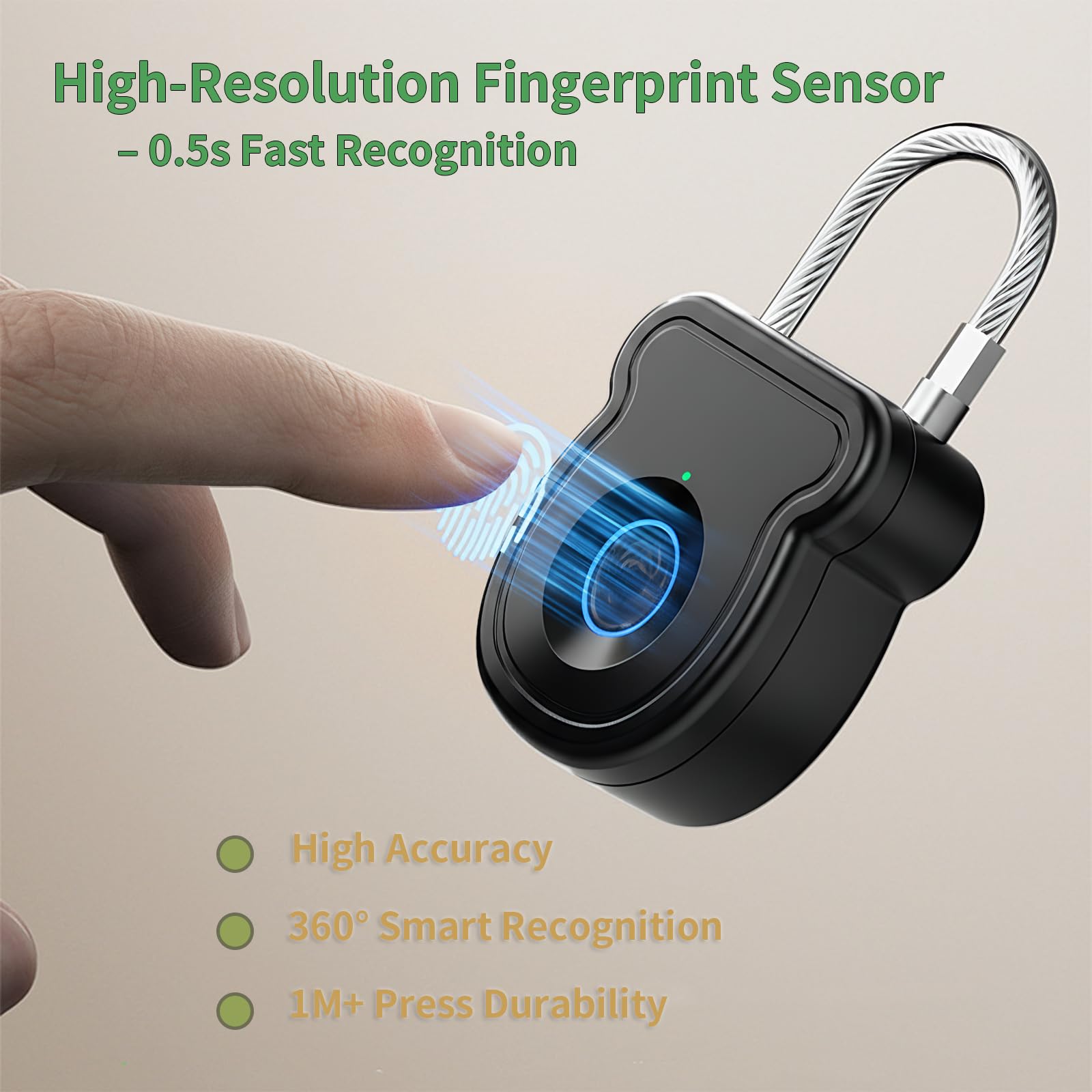 Ultra-Fast Fingerprint Cable Padlock, USB Rechargeable Biometric Security Lock for Gym Locker, Luggage & Outdoor Gear