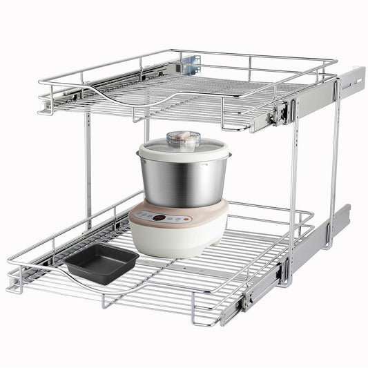 DINDON Chrome Dual-Layer Pull-Out Cabinet Storage – Premium Double Shelf Organizer for Kitchen Base Cabinets