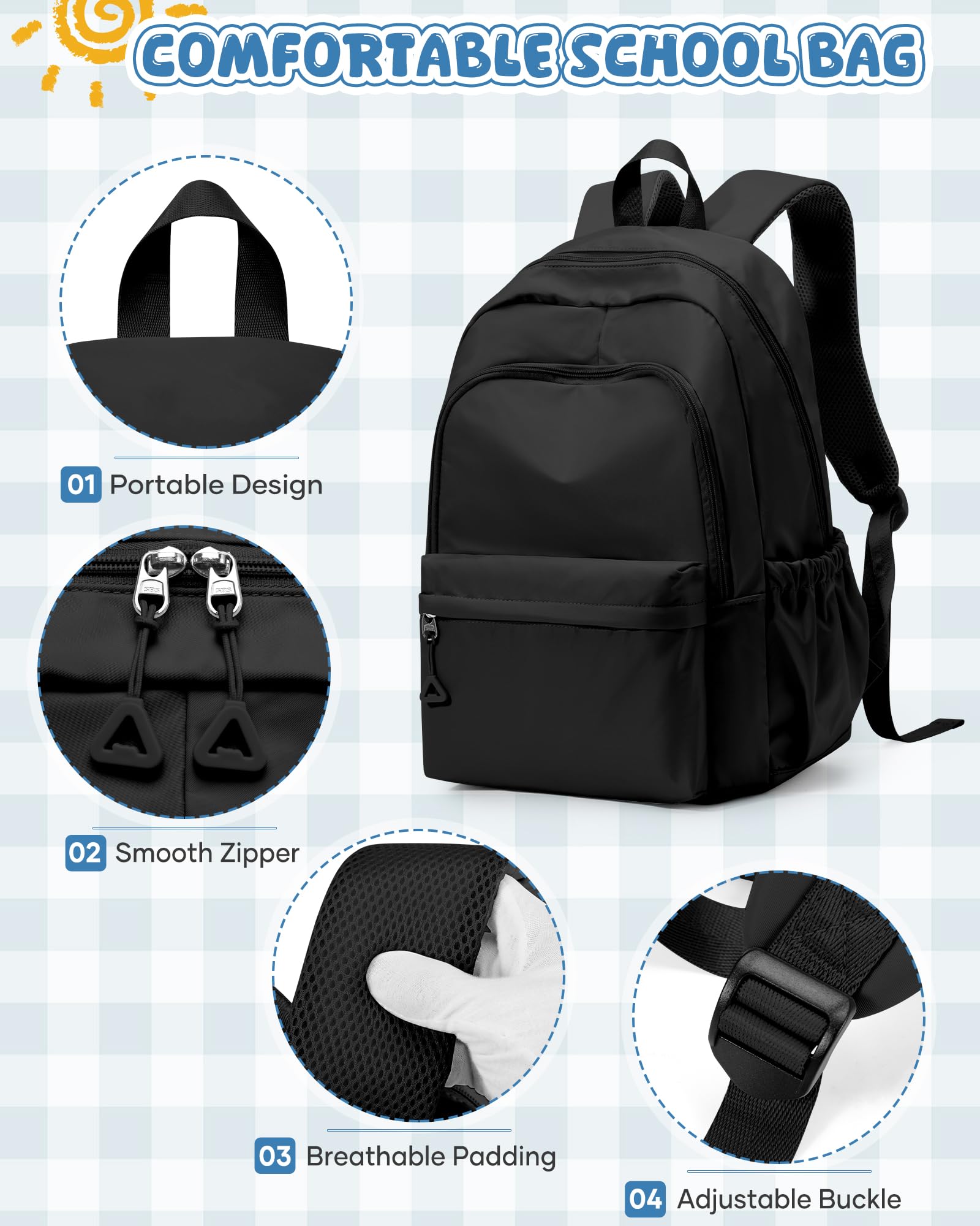 WINSPANSY Lightweight School Backpack for Teens & Adults – Water-Resistant Daypack with 14” Laptop Compartment (Black)