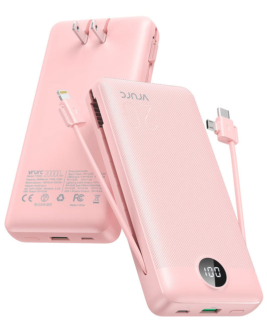20000mAh Fast Charging Power Bank with Built-In Wall Plug & Cables – 22.5W QC Portable Charger (Pink)