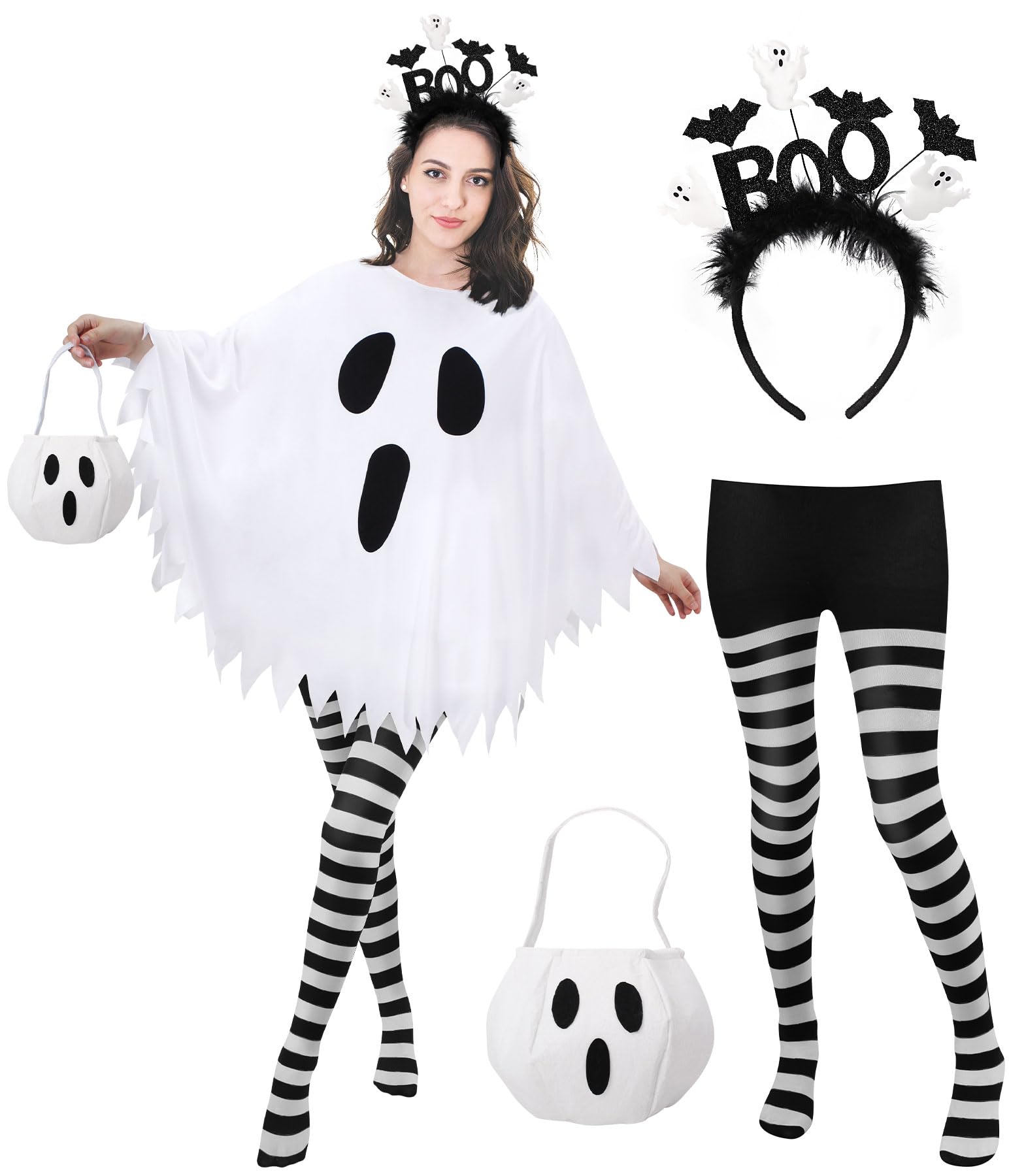 Women’s White Ghost Costume Set – 4-Piece Halloween Poncho, Headband, Tights & Candy Bag 👻🖤