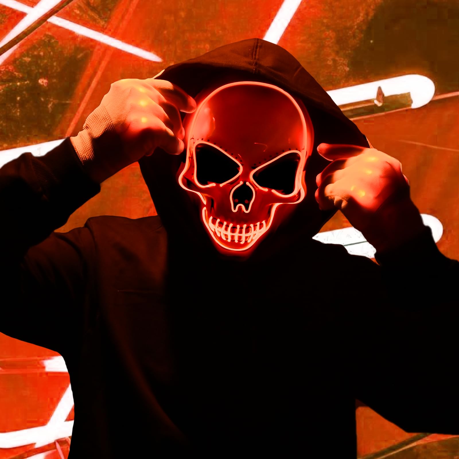 LED Light Up Mask & Gloves Set – Red Halloween Tech-Horror Costume with 3 Lighting Modes & Adjustable Fit