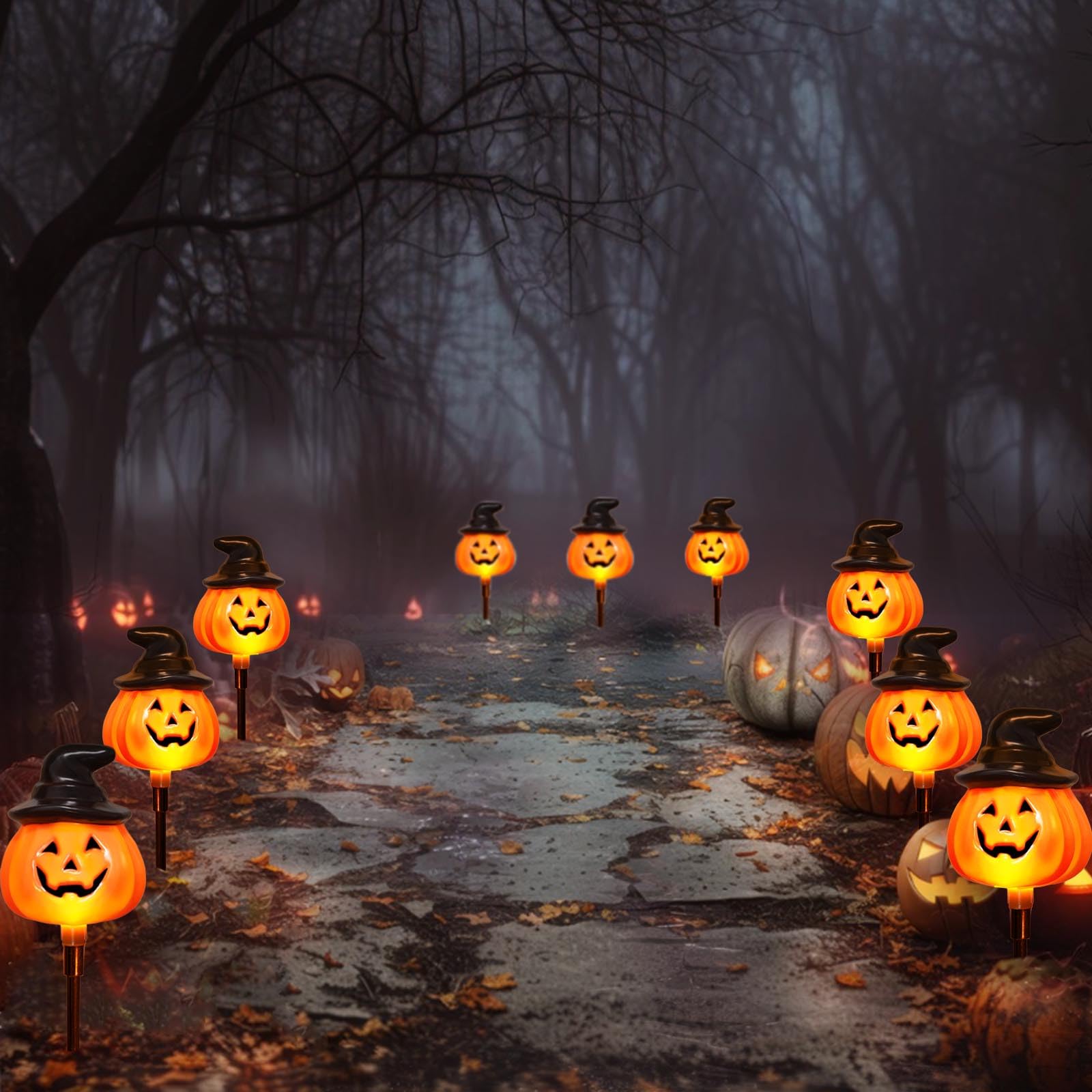 Solar Pumpkin Pathway Lights with Witch Hat – Outdoor Halloween Decorations with 8 Modes & Warm White LEDs (Orange, 2-Pack)
