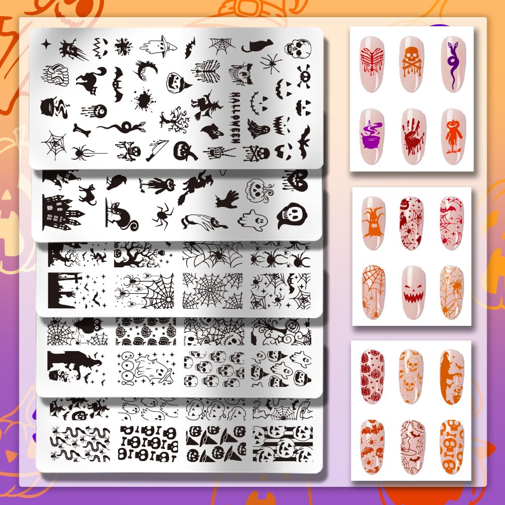 Halloween Nail Stamping Plates Set – 5Pcs Stainless Steel Templates with Ghost, Pumpkin, Skull & Spider Web Designs