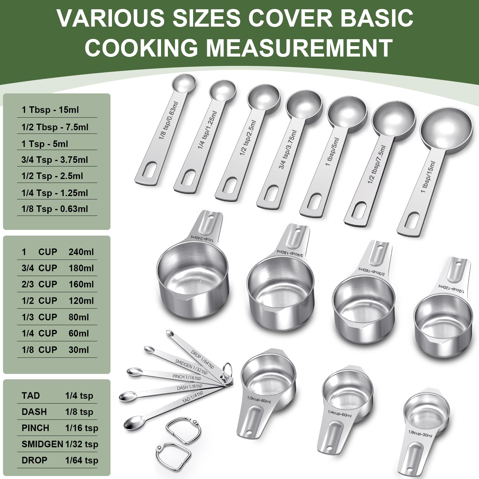 14-Piece Stainless Steel Measuring Cups & Spoons Set – One-Piece Design, Rust Resistant (Silver)