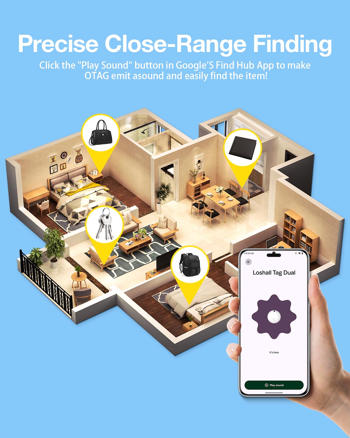 Android Find Hub Bluetooth Tracker Tag, UWB Distance Display, 95dB Loud Alert, IP65 Waterproof, 2-Year Battery, Google Certified Item Locator
