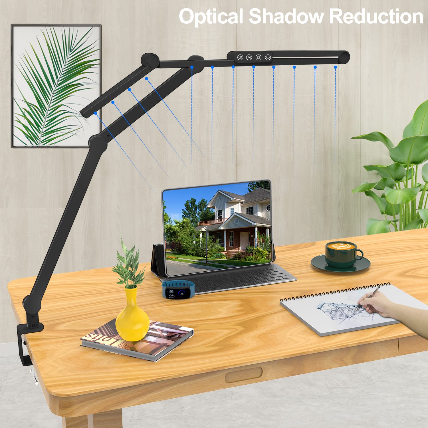 Micomlan LED Desk Lamp with Clamp 24W Ultra Bright Architect Light Auto Dimming Eye Care Adjustable Office Lighting Black