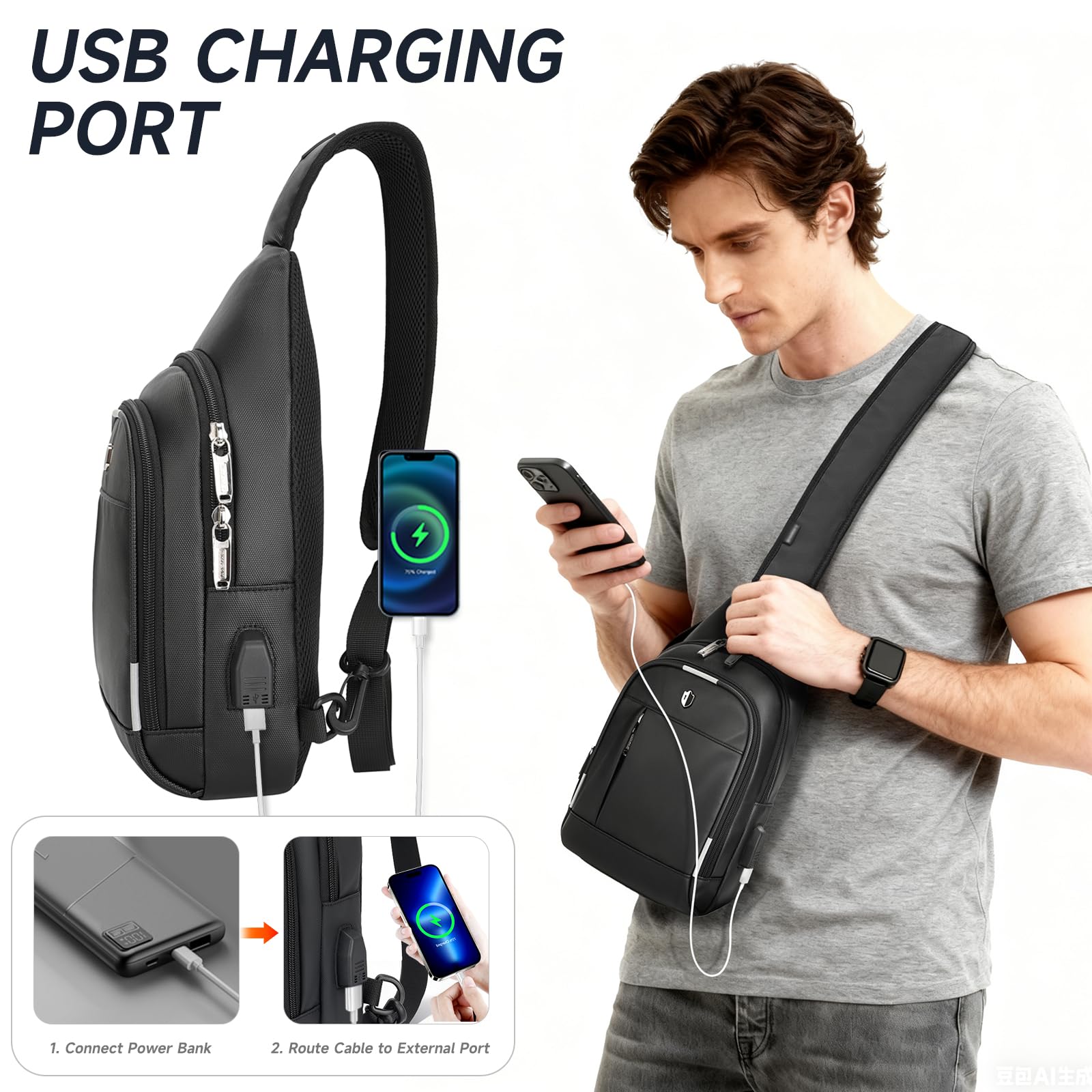 Baaob Compact Crossbody Sling Bag with USB Charging Port & Reflective Strips – Black