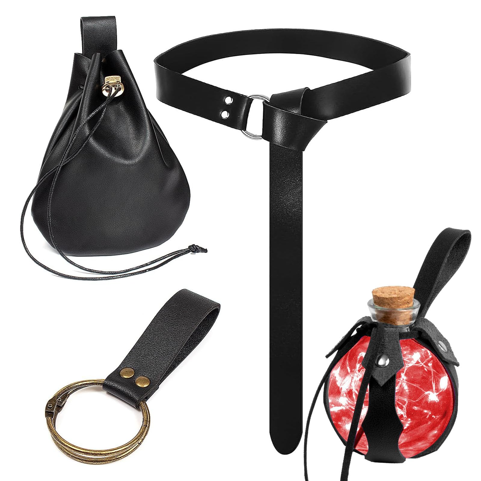 Renaissance Belt Pouch & Magic Potion Bottle Set – Medieval Leather Belt with Coin Purse & Keyring ⚔️✨